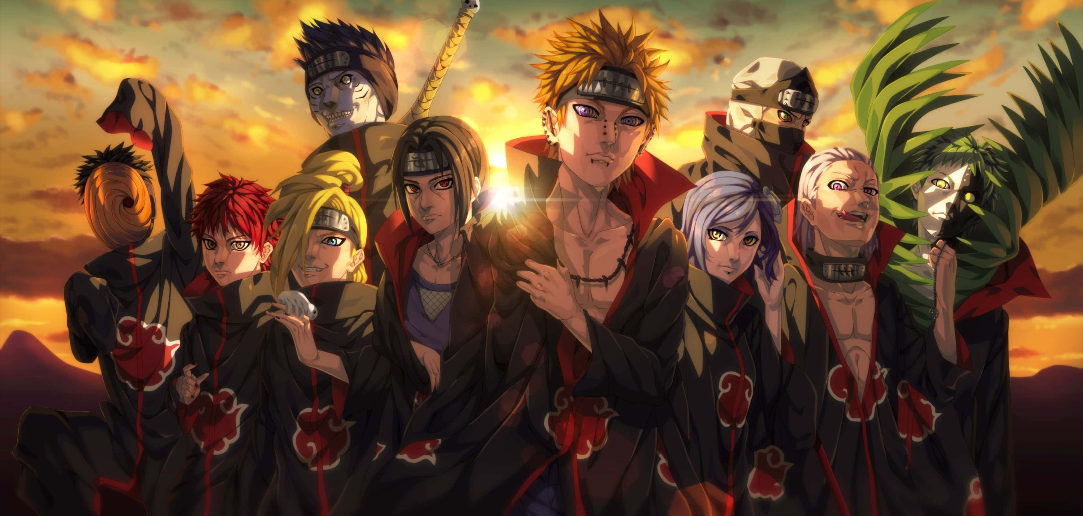 Akatsuki Members 桌布 壁紙 — 一群身穿黑色曉組織斗篷的動畫忍者，在熾熱的夕陽天空下英勇站立。
