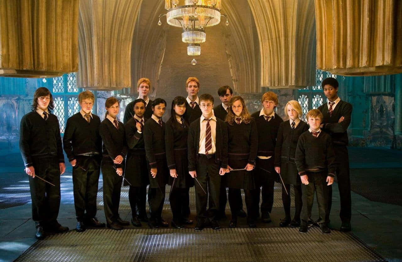 The Order Of Phoenix 桌布 壁紙 — 一群身穿黑色校服的年輕巫師站在一個宏偉的哥德式大廳中，大廳內有吊燈和石拱門。