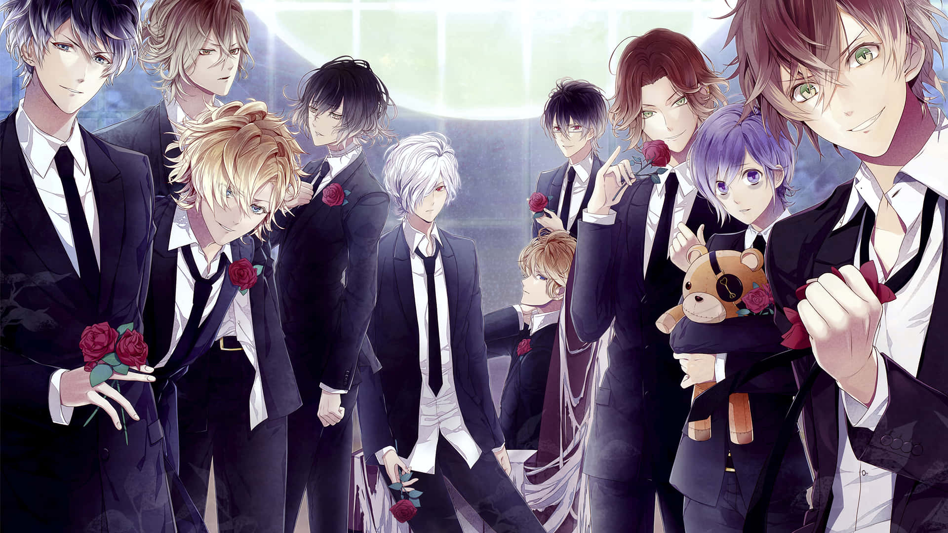 Anime Group 桌布 壁紙 — 一群身穿黑色西裝的動畫男性，在發光的窗戶背景下手持紅玫瑰和一隻泰迪熊。