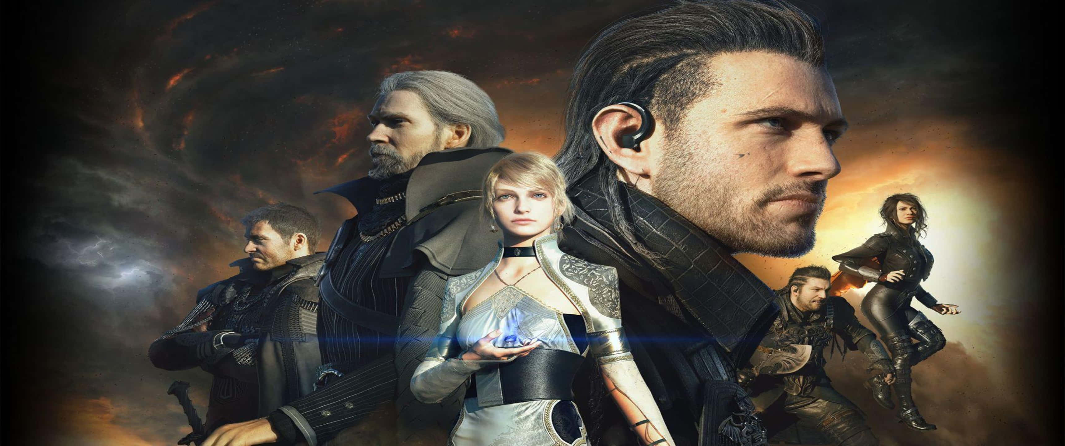 3440x1440p Final Fantasy Xv 桌布 壁紙 — 一群身著暗色盔甲的戲劇性奇幻角色，站在旋轉的宇宙風暴背景前。