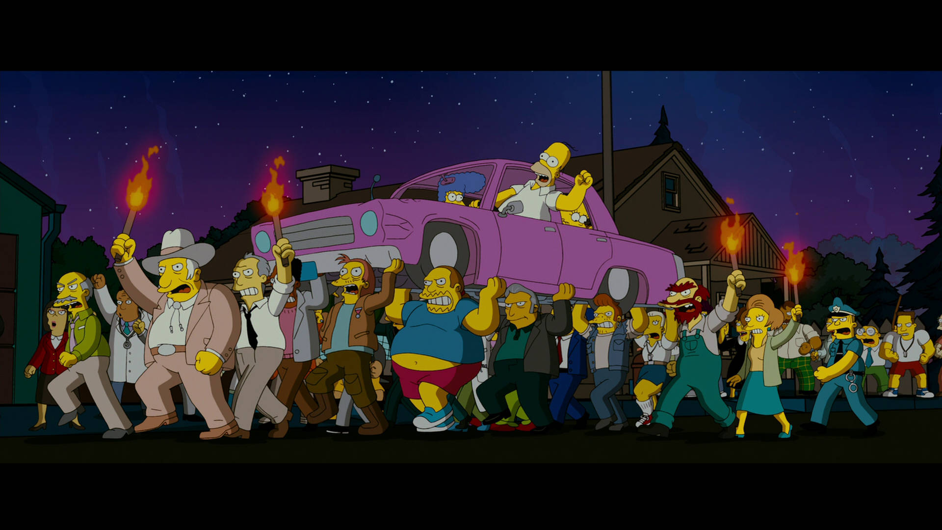 homer 桌布 壁紙 — 一群辛普森家庭角色在星空下夜間遊行，手持粉紅色汽車和火炬。