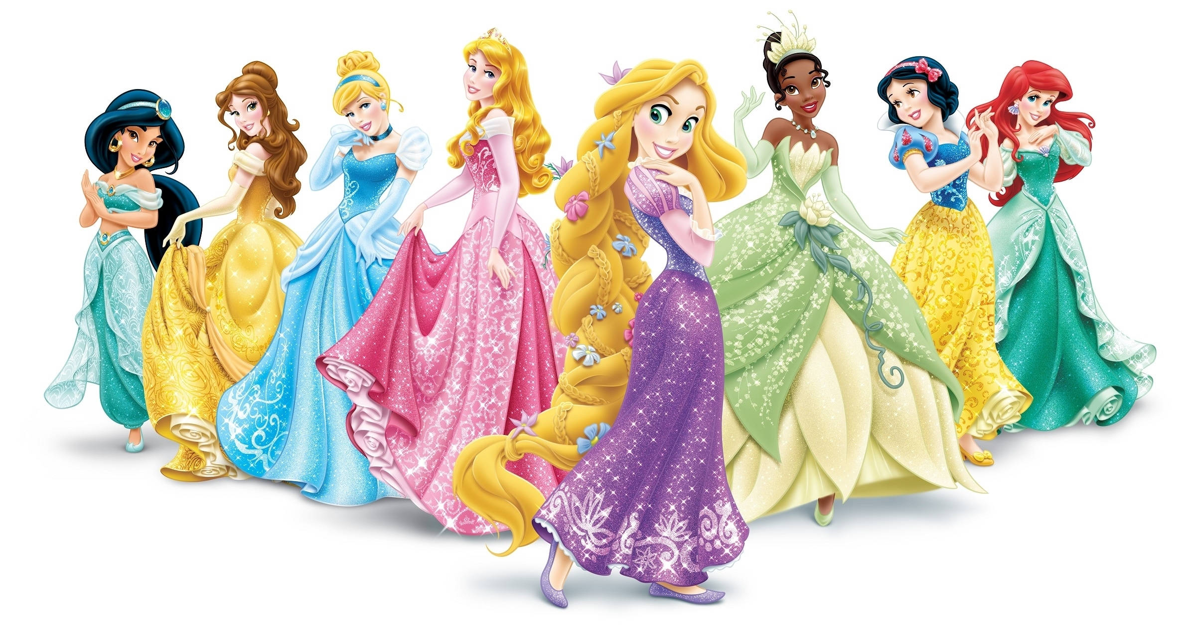 Princess 桌布 壁紙 — 一群迪士尼公主身穿色彩繽紛的禮服，在純白背景前歡樂地擺姿勢。