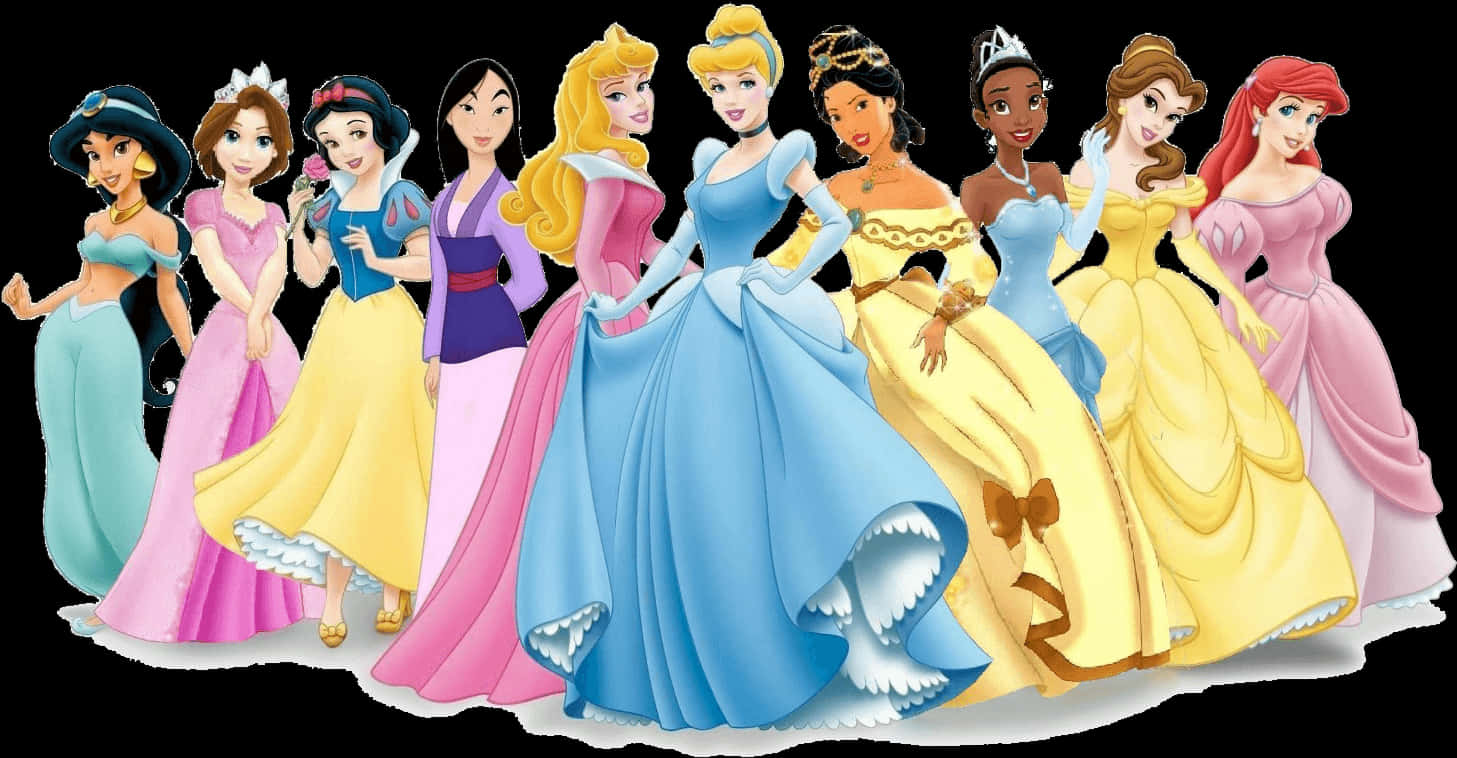 Disney Princesses 桌布 壁紙 — 一群迪士尼公主身穿色彩繽紛的禮服，在純色背景前一起擺姿勢，充滿活力。