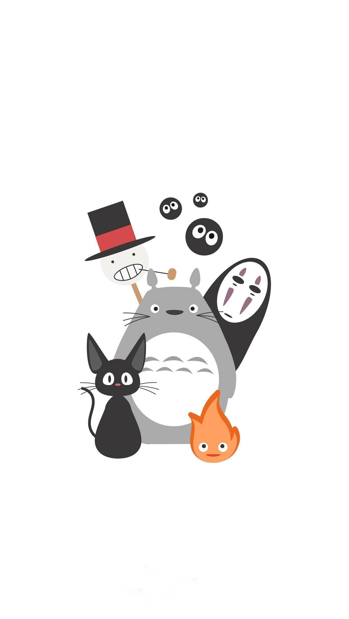 Studio Ghibli iPhone 桌布 壁紙 — 一群迷人的吉卜力工作室角色，包括龍貓、黑貓、幽靈、火精靈和一個戴面具、眼睛漂浮的人物。