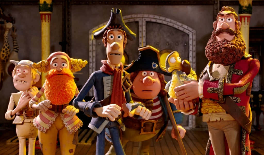 pirates 桌布 壁紙 — 一群造型誇張、古靈精怪的黏土動畫海盜站在木製船艙內。