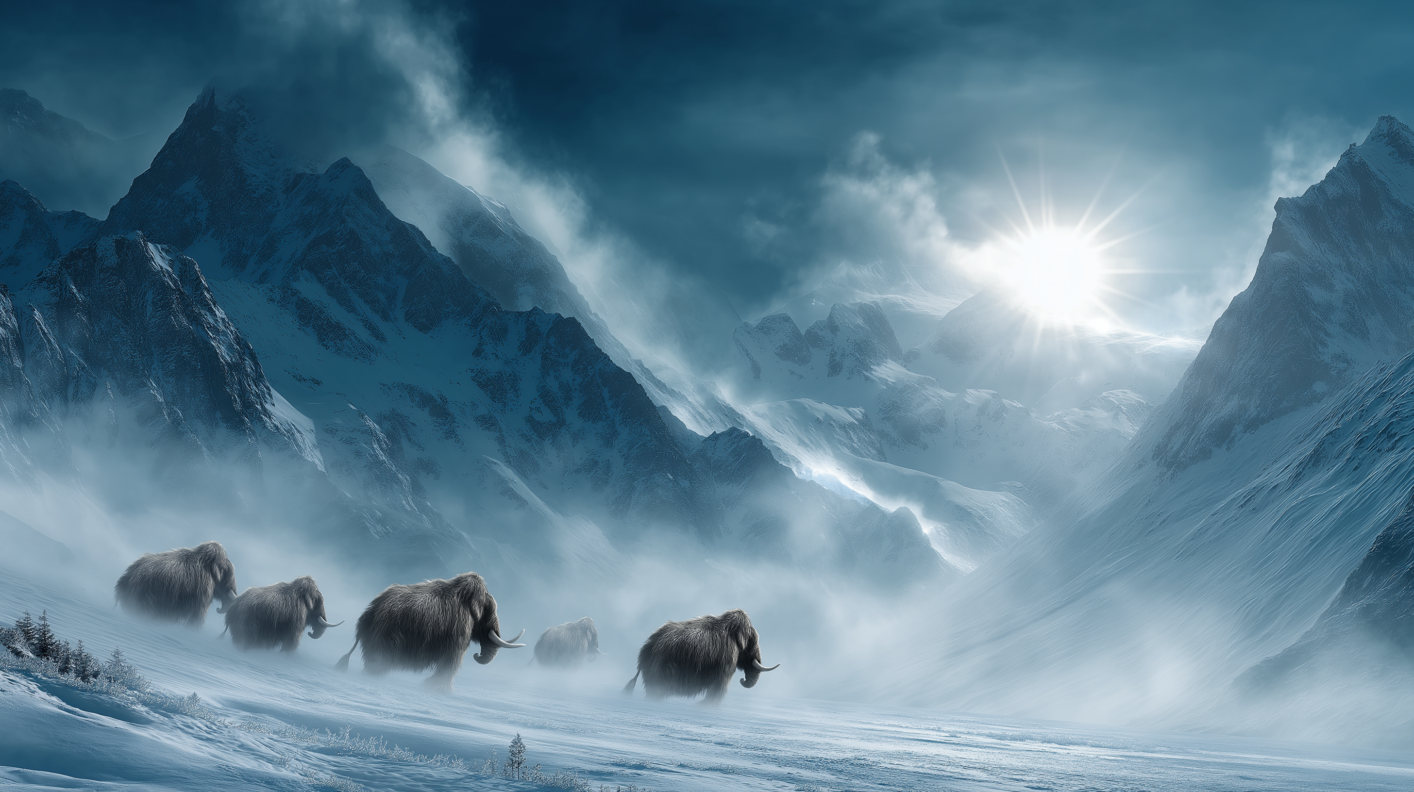 雪 桌布 壁紙 — 一群長毛猛獁象在積雪的山谷中艱難前行，下方是高聳的冰峰，明亮的太陽穿透暴風雲層。