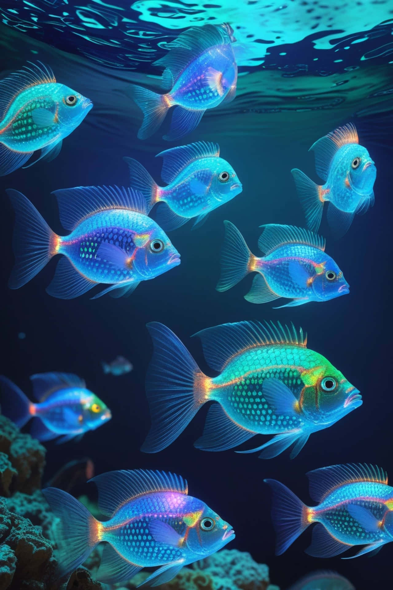 Bioluminescent Fish 壁紙 — 一群閃爍著虹彩的藍色魚，帶著發光的橙色魚鰭，在陽光照射的海浪下優雅地游近珊瑚。