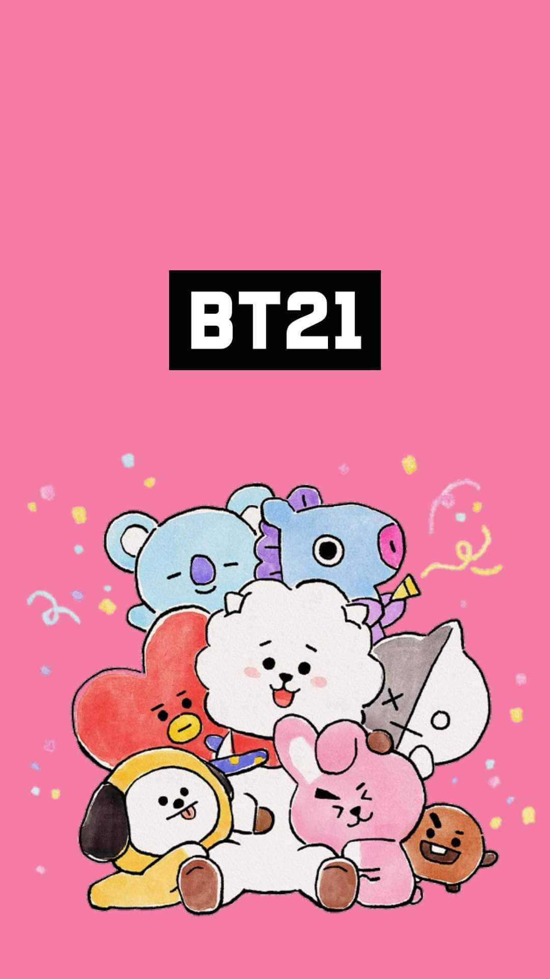 BT21 桌布 壁紙 — 一群開心的BT21卡通角色擠在一起，背景是明亮的粉紅色和五彩紙屑。