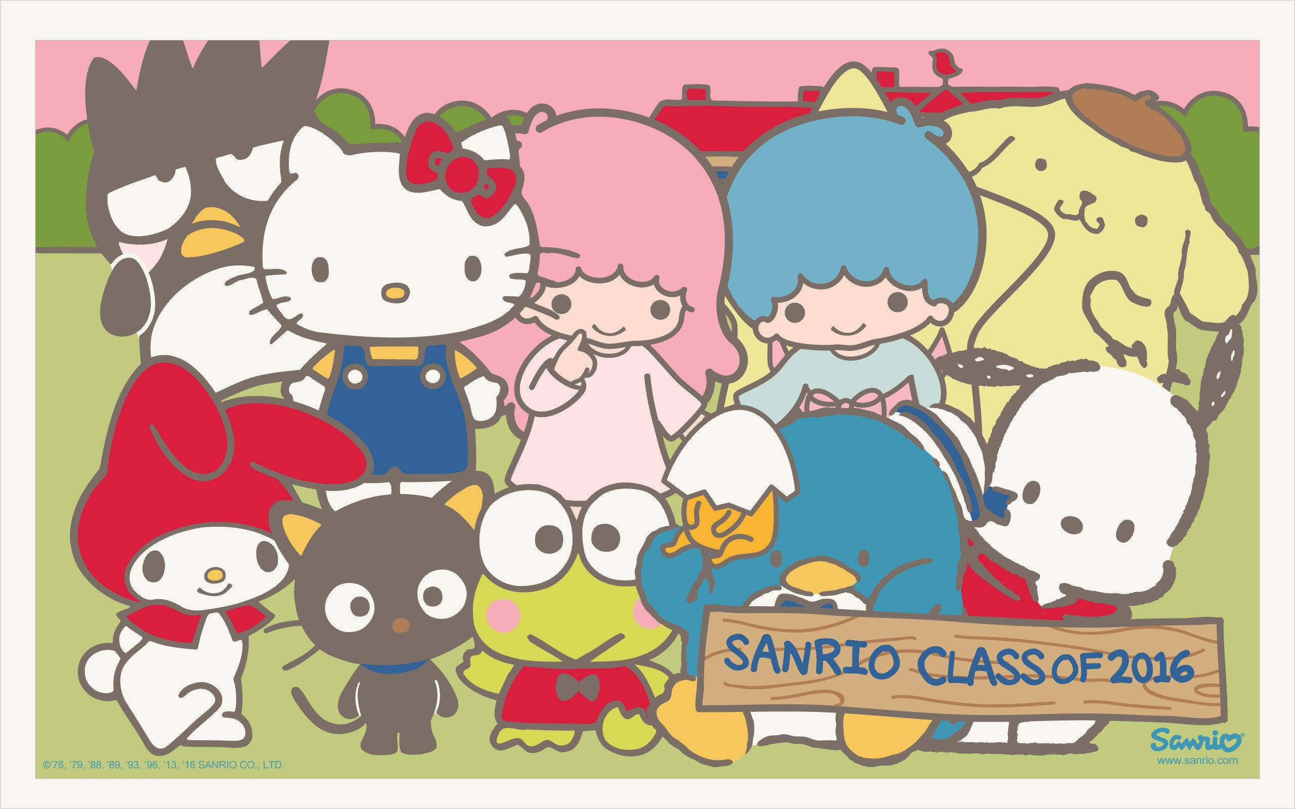 Keroppi 桌布 壁紙 — 一群開心的Sanrio角色在明亮的戶外環境中一起擺姿勢，舉著一個「Sanrio Class of 2016」的標誌。