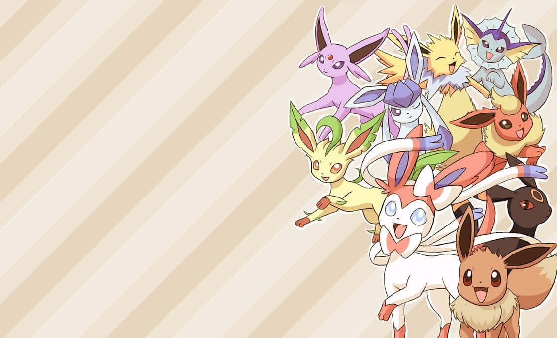 Eeveelutions 桌布 壁紙 — 一群開心的伊布進化寶可夢在柔和的米色斜紋背景前一起擺姿勢。