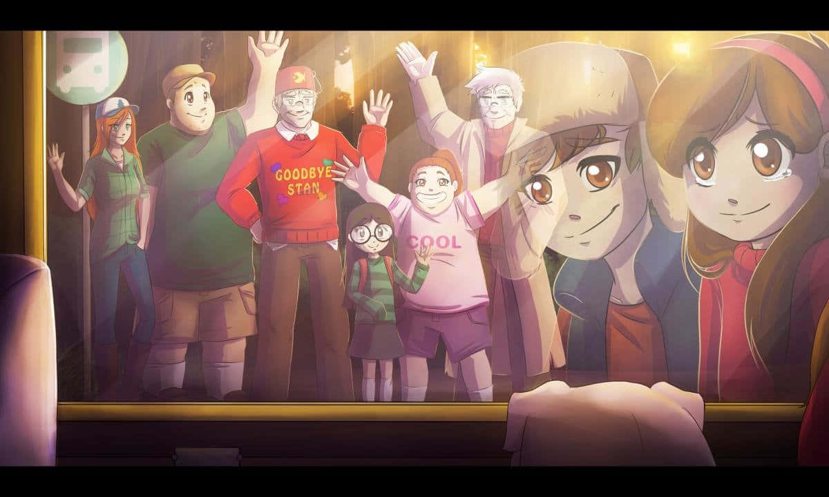 神秘小鎮大冒險 桌布 壁紙 — 一群開心的動漫角色在溫暖金色燈光的窗戶後面揮手。