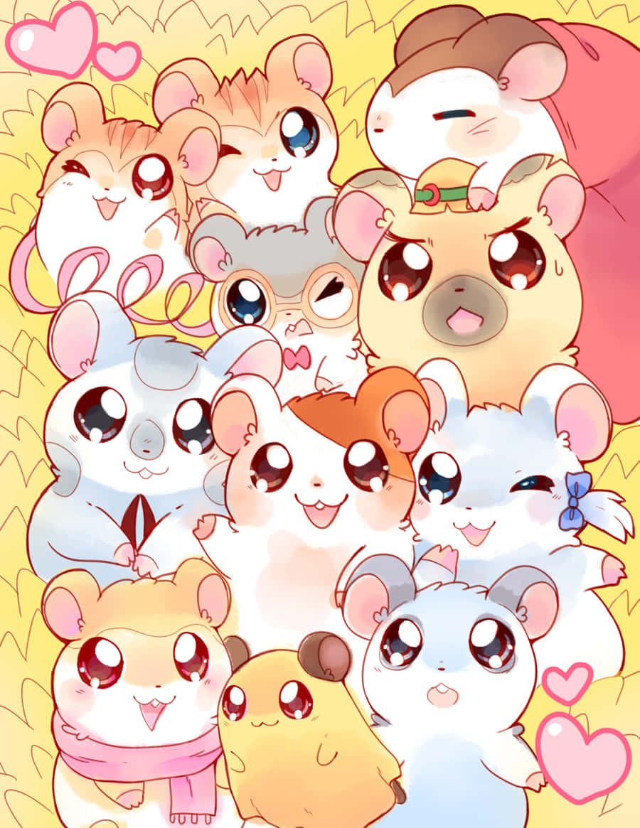 Cute Animated 桌布 壁紙 — 一群開心的動漫風格倉鼠，有大眼睛和可愛的配件，在溫暖的黃色背景上擠在一起。