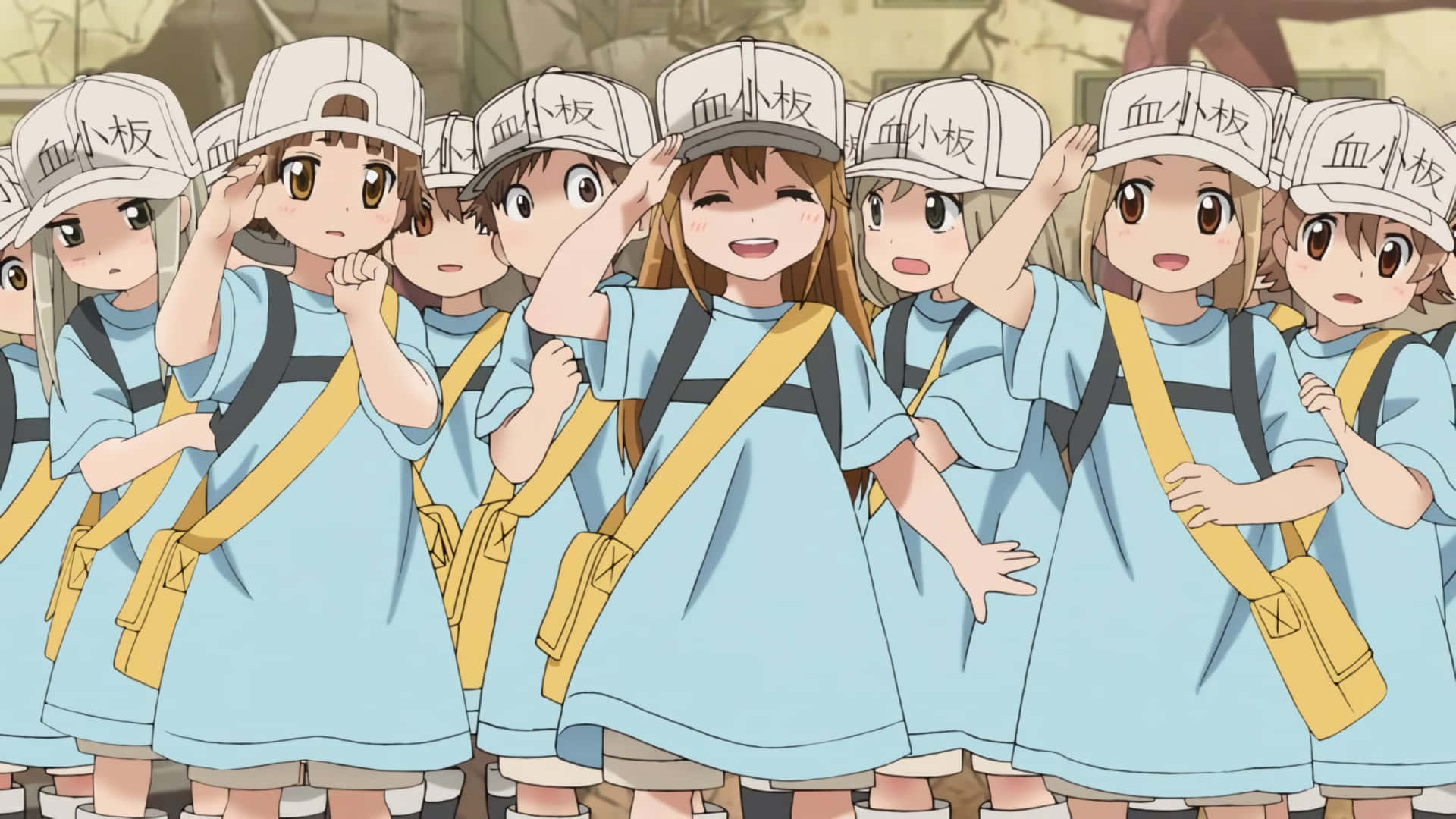 Cells At Work 桌布 壁紙 — 一群開心的動畫女孩穿著相配的淺藍色制服和帶有漢字的白色帽子，站成一排揮手微笑。