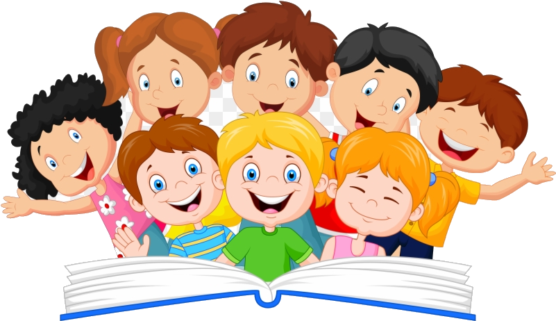 小孩動圖 桌布 壁紙 — 一群開心的卡通兒童帶著燦爛笑容從打開的書本上方偷看。