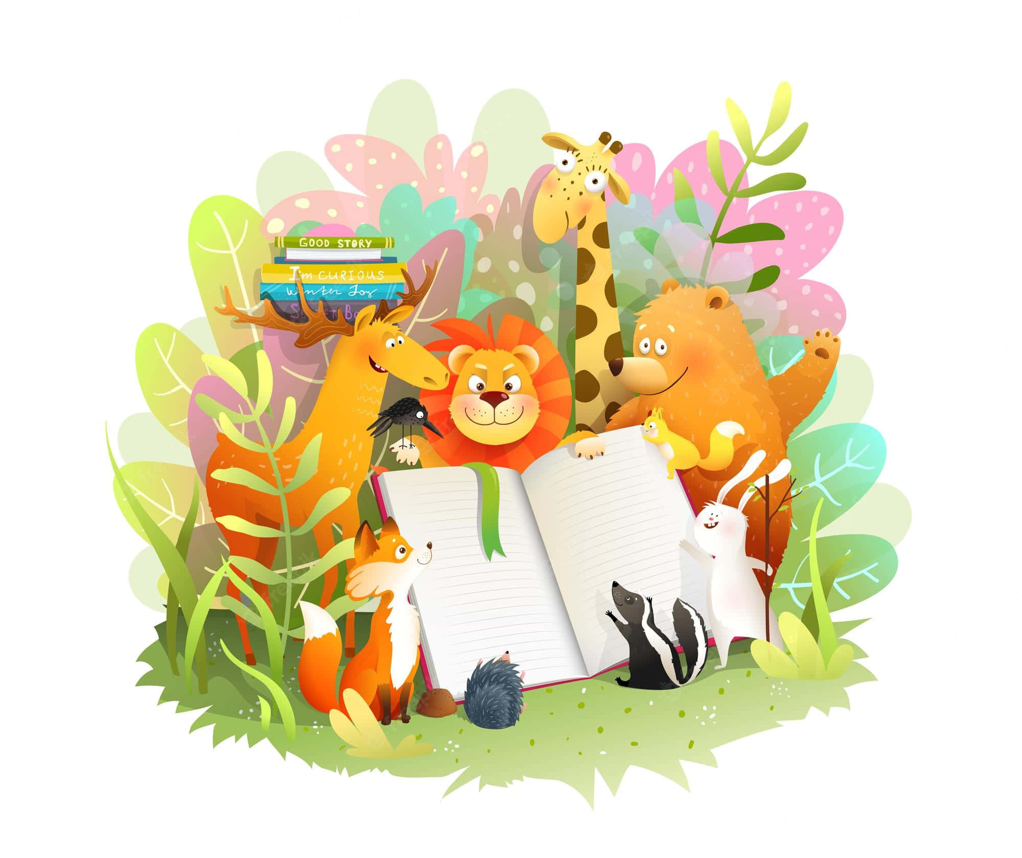 Fairy Tale 桌布 壁紙 — 一群開心的卡通動物聚集在一本打開的書周圍，背景是充滿活力的插圖森林場景。