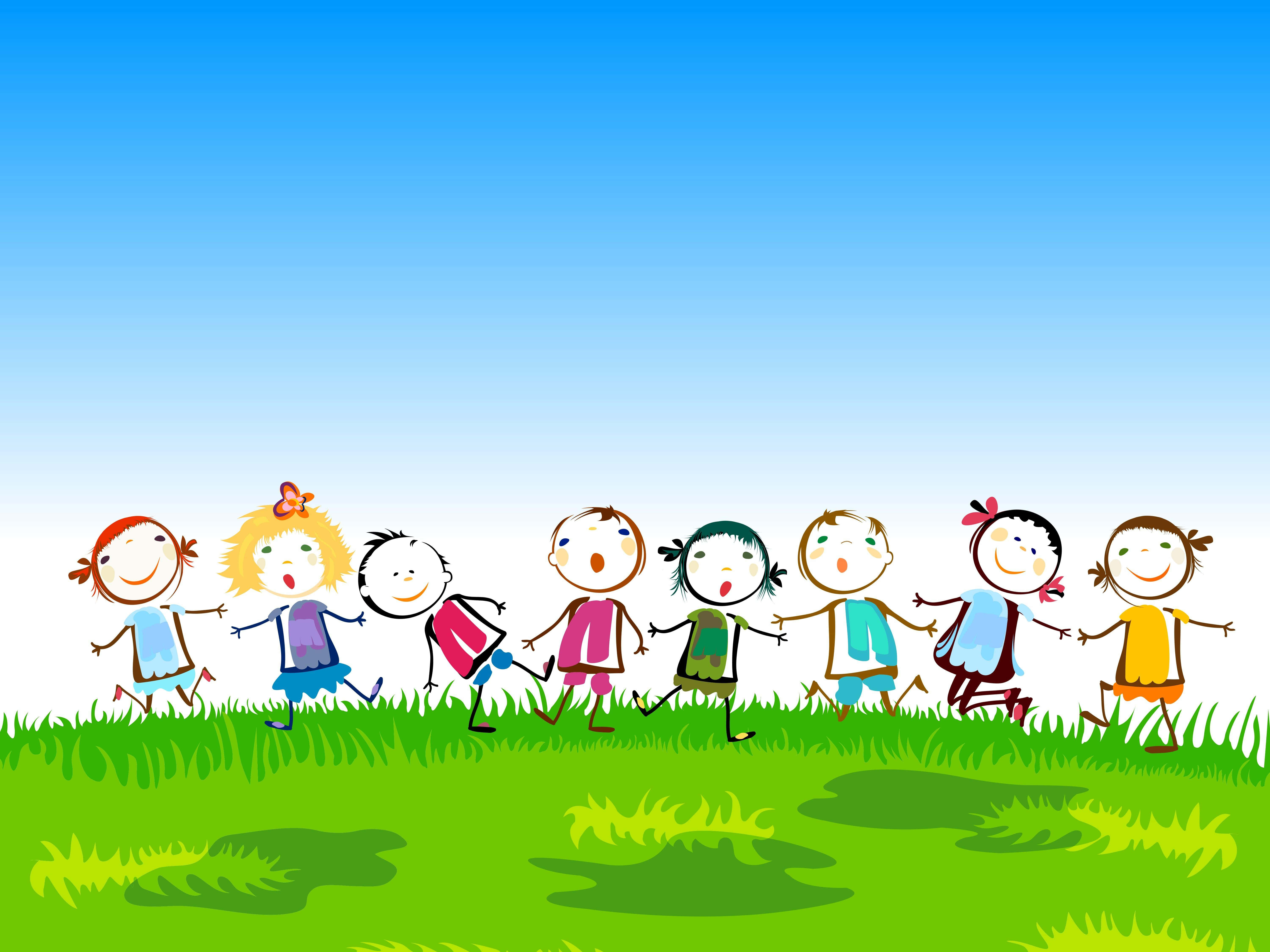 小孩動圖 桌布 壁紙 — 一群開心的卡通小朋友手牽手，在晴朗藍天下跳過充滿活力的綠色田野。