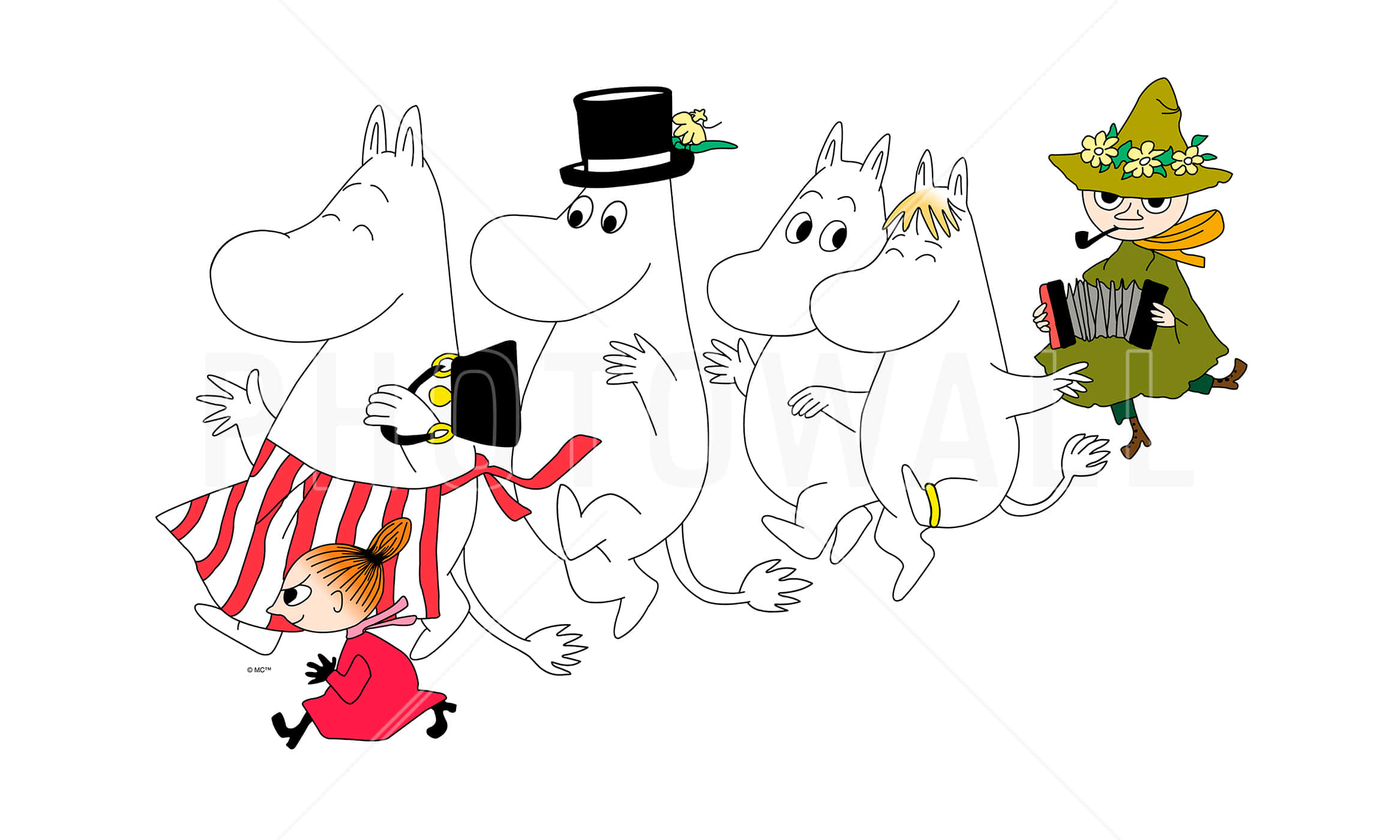 Cartoon Animal 桌布 壁紙 — 一群開心的姆明角色，帶著樂器和色彩繽紛的服裝，歡樂地排成一列行進。