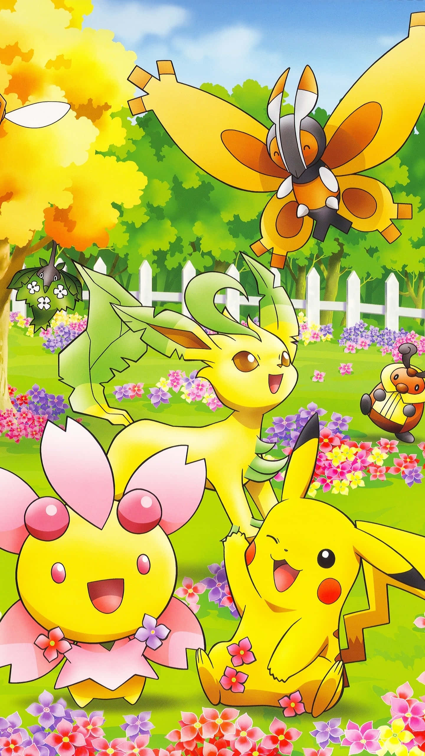 Pokemon Characters 桌布 壁紙 — 一群開心的寶可夢，包括皮卡丘和葉伊布，在色彩繽紛的花朵間玩耍，背景是明亮的藍天。