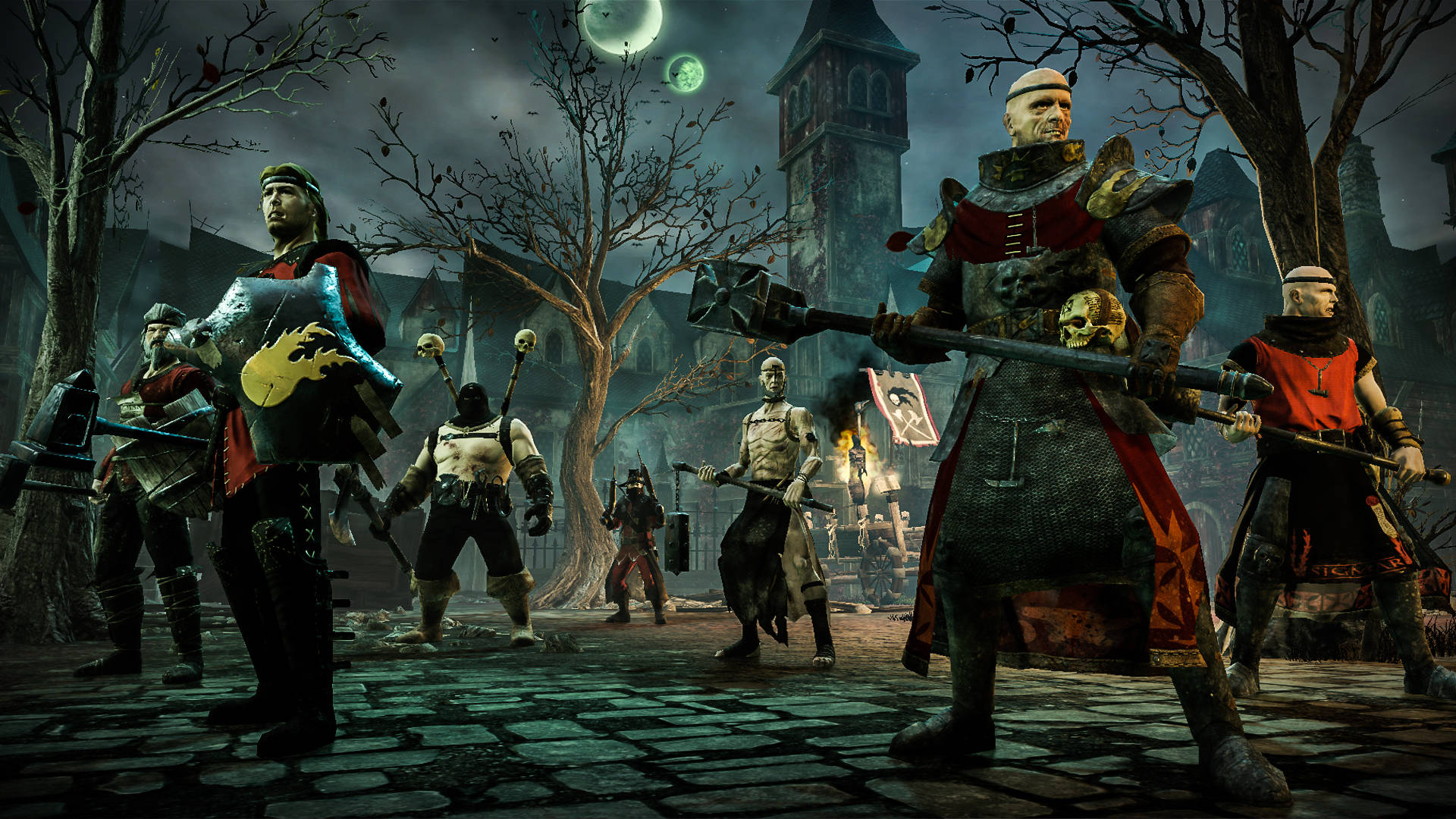 mordheim city of the damned 桌布 壁紙 — 一群陰沉的中世紀戰士，手持頭骨和武器，站在月光下的鵝卵石村莊，天空陰暗。