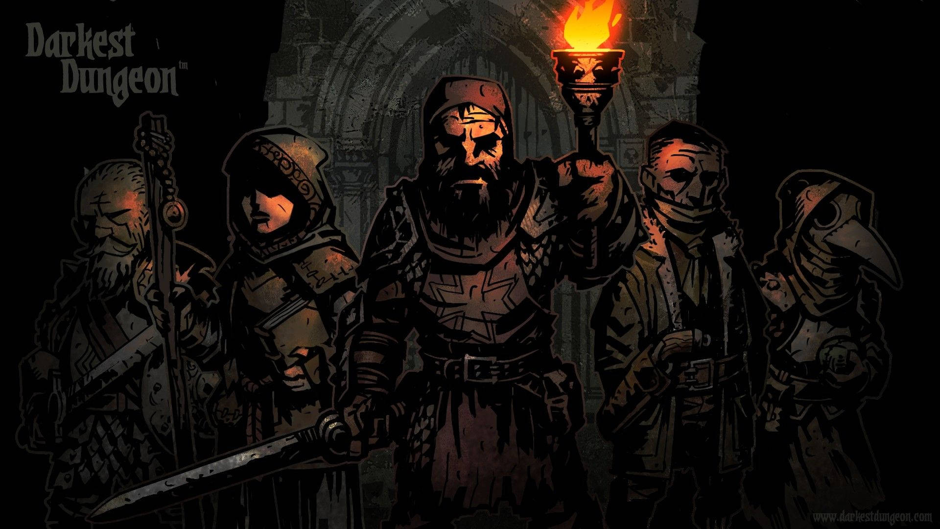 Dungeon 桌布 壁紙 — 一群陰沉的冒險者身穿暗色盔甲，站在一個陰暗的地牢中，由一支高舉的燃燒火炬照亮。