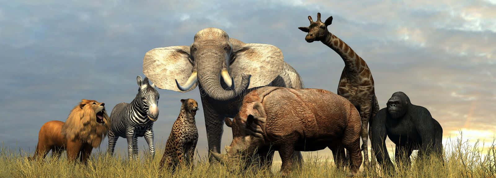 African Animals 桌布 壁紙 — 一群雄偉的非洲野生動物，包括大象、長頸鹿、獅子、斑馬和犀牛，在陰天下一同站在金色的草地上。