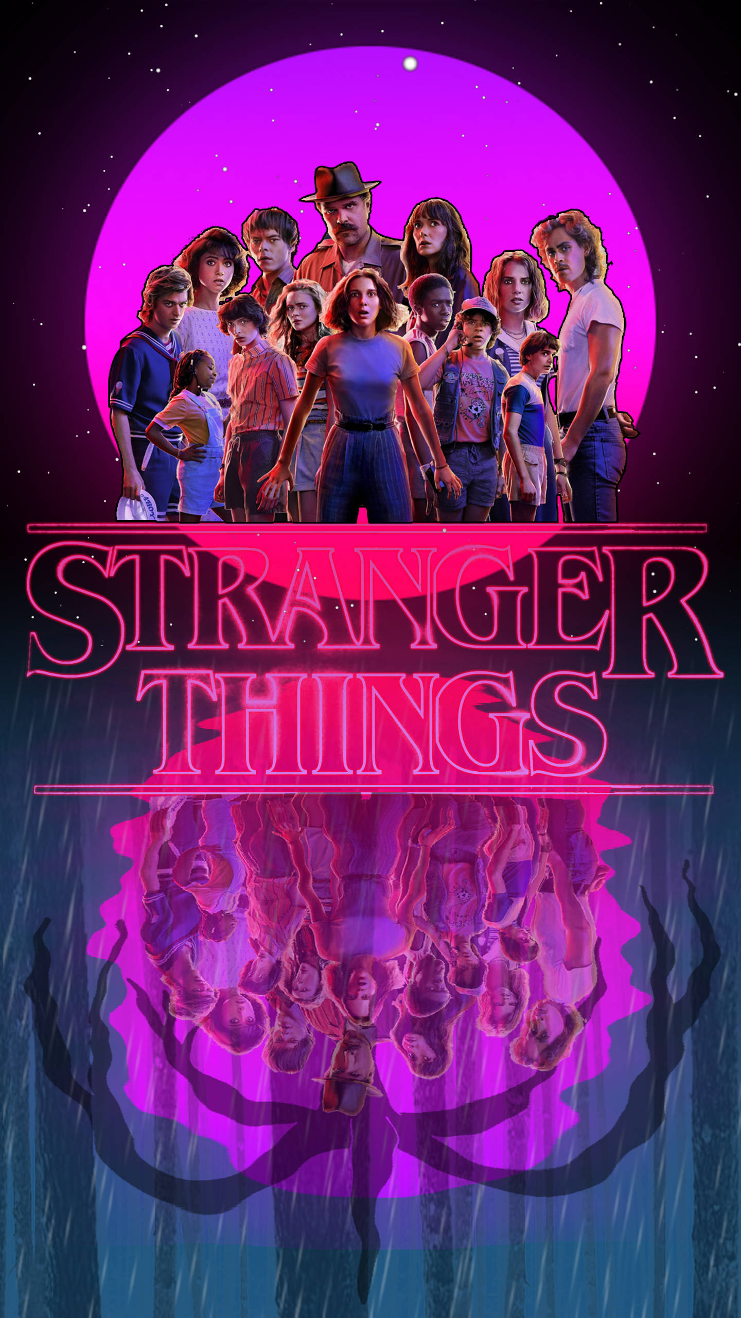 怪奇物語 桌布 壁紙 — 一群青少年站在發光的紫色月亮前，他們的倒影在雨中的下方反轉。