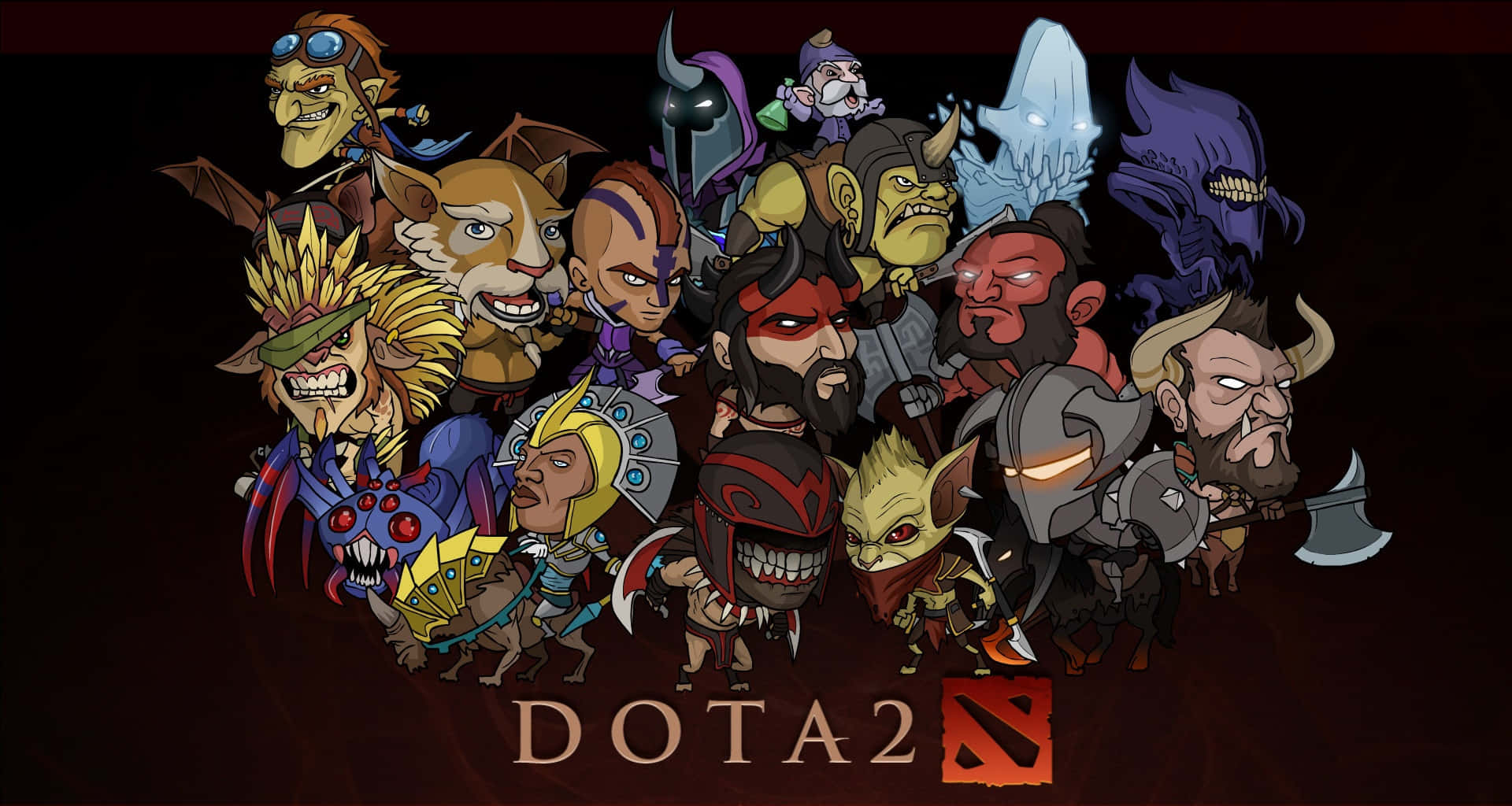 heroes 桌布 壁紙 — 一群風格化的 Dota 2 英雄，表情誇張，身穿奇幻盔甲，背景為深色。