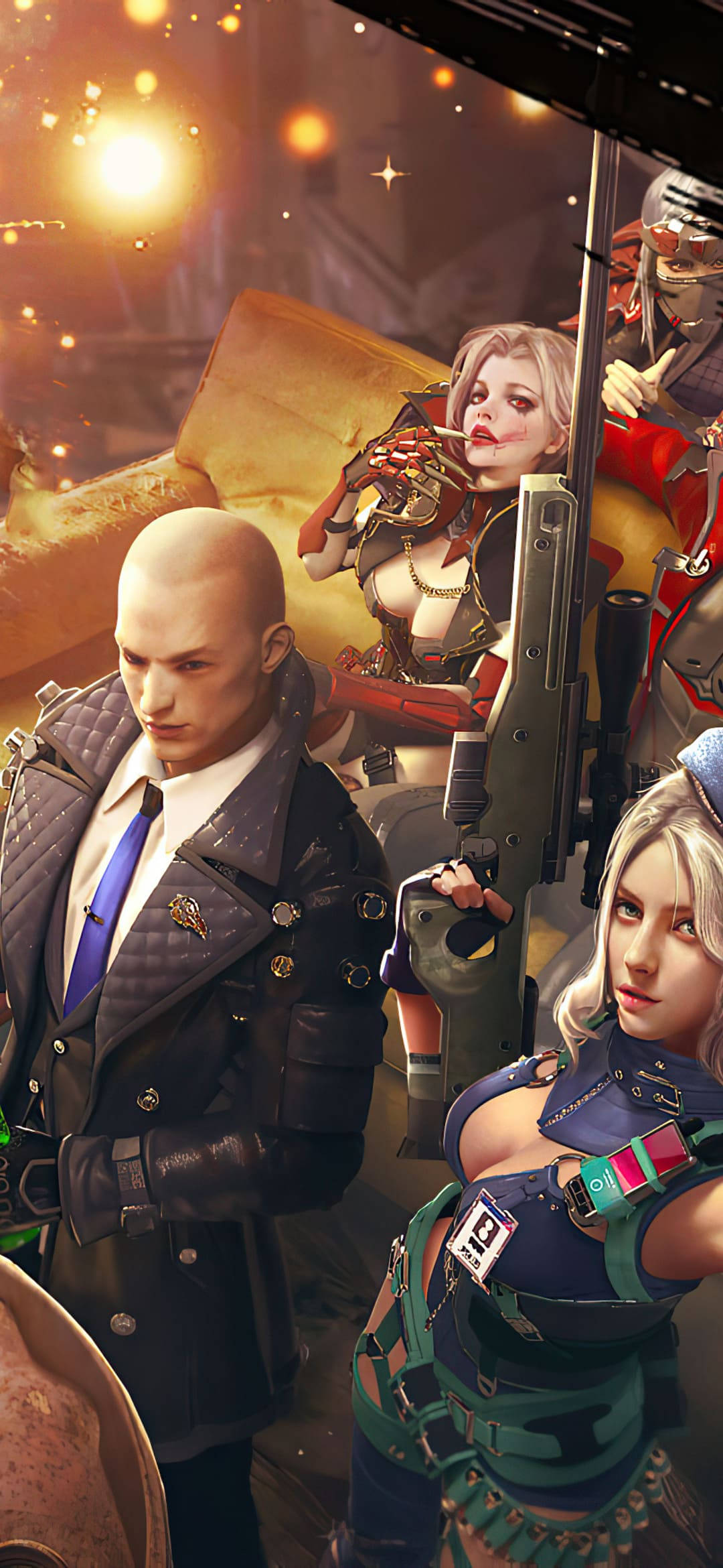 free fire 2021 桌布 壁紙 — 一群風格化的動漫角色穿著未來風格的戰鬥裝備，站在溫暖照明的城市環境中，周圍有發光的燈光和火花。