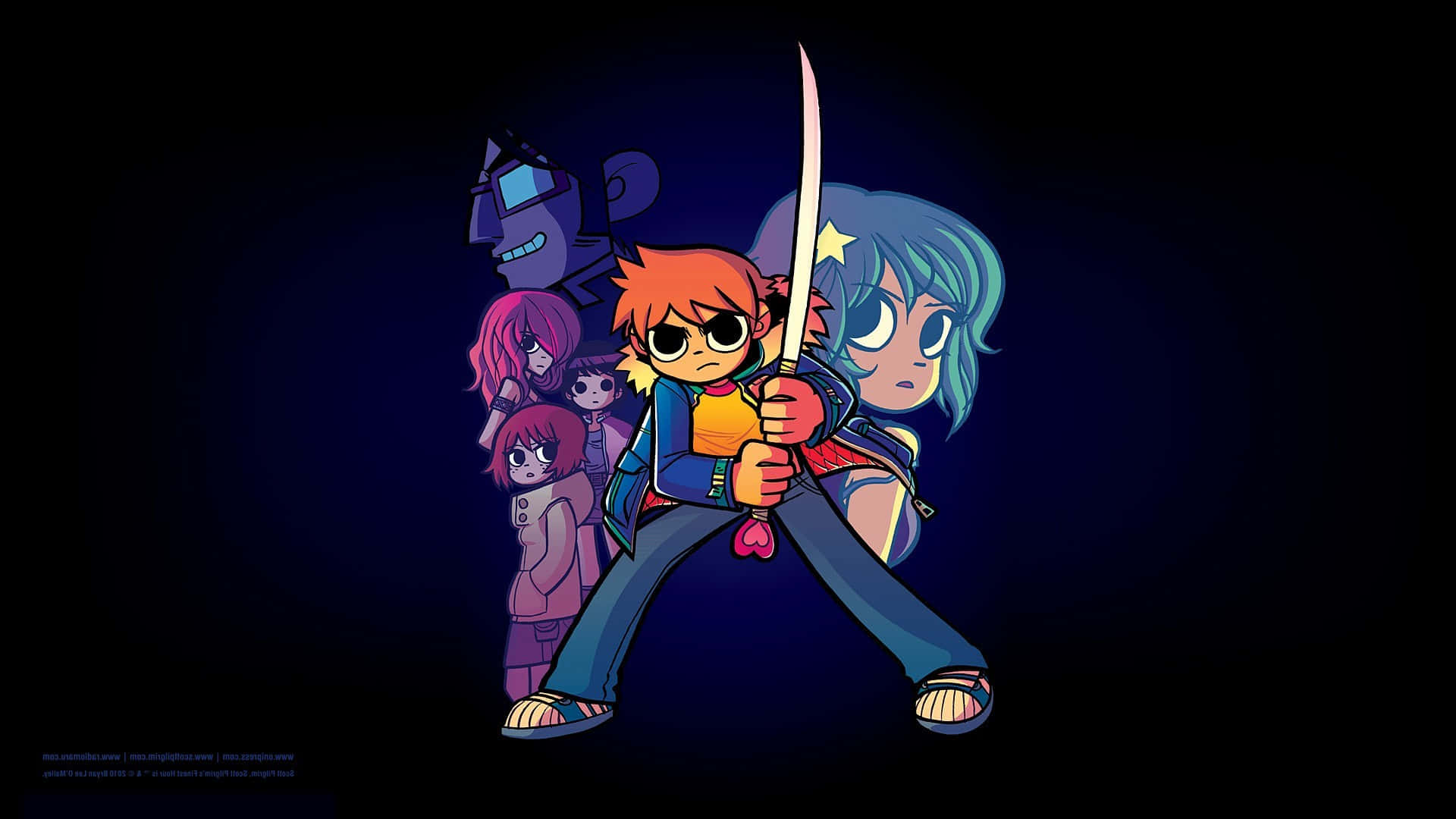 scott pilgrim 桌布 壁紙 — 一群風格化的動漫角色站在黑暗的環境中，其中一個手持劍，眼睛發光，髮色鮮豔。