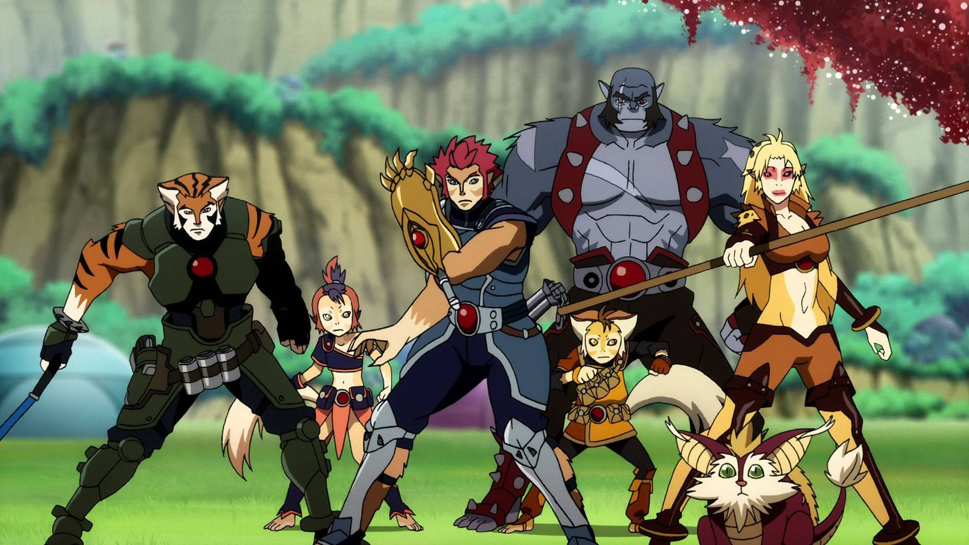 Thundercats 桌布 壁紙 — 一群風格化的動物特徵動漫角色在翠綠的山谷中準備戰鬥。