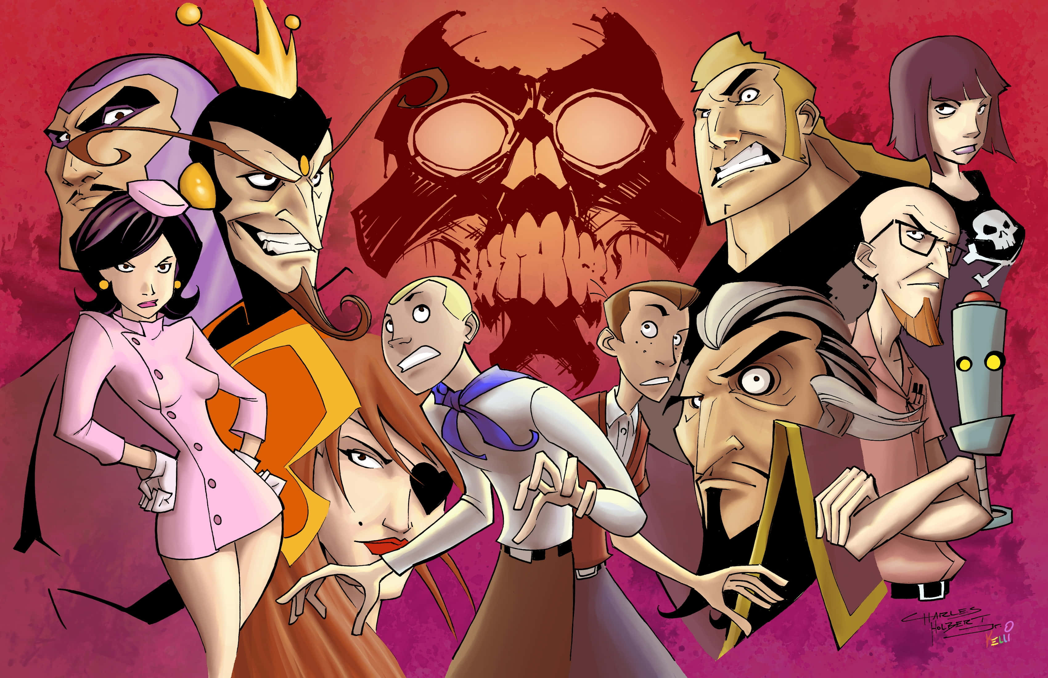 The Venture Bros 桌布 壁紙 — 一群風格化的動畫反派帶著威脅的表情站在一個大型骷髏背景前，背景是火紅色的。