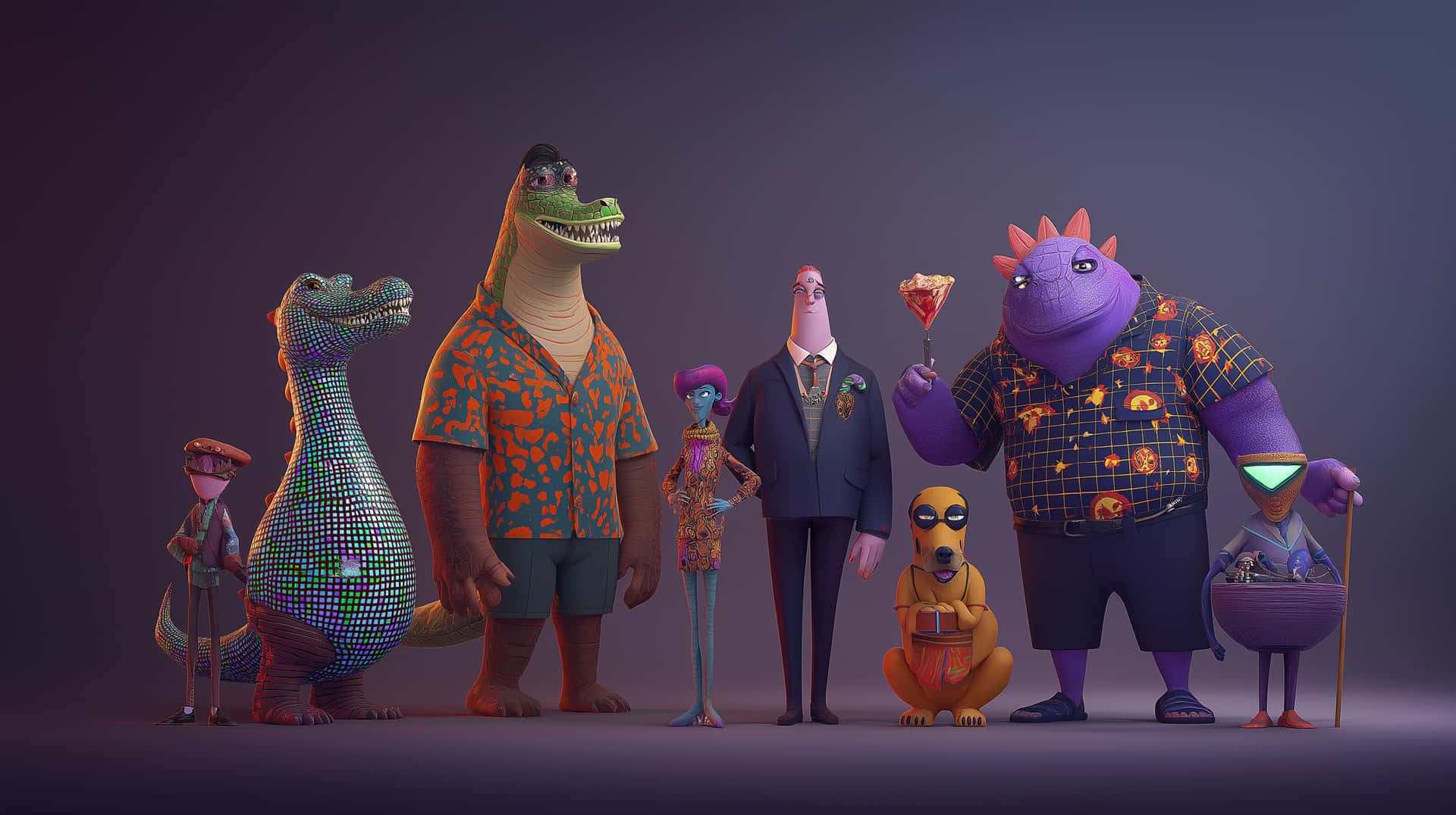 Vibrant Assortment of Whimsical Creatures and Personas 壁紙 — 一群風格化的動畫角色，包括鱷魚、外星人和一隻狗，在昏暗的攝影棚環境中一起擺姿勢。