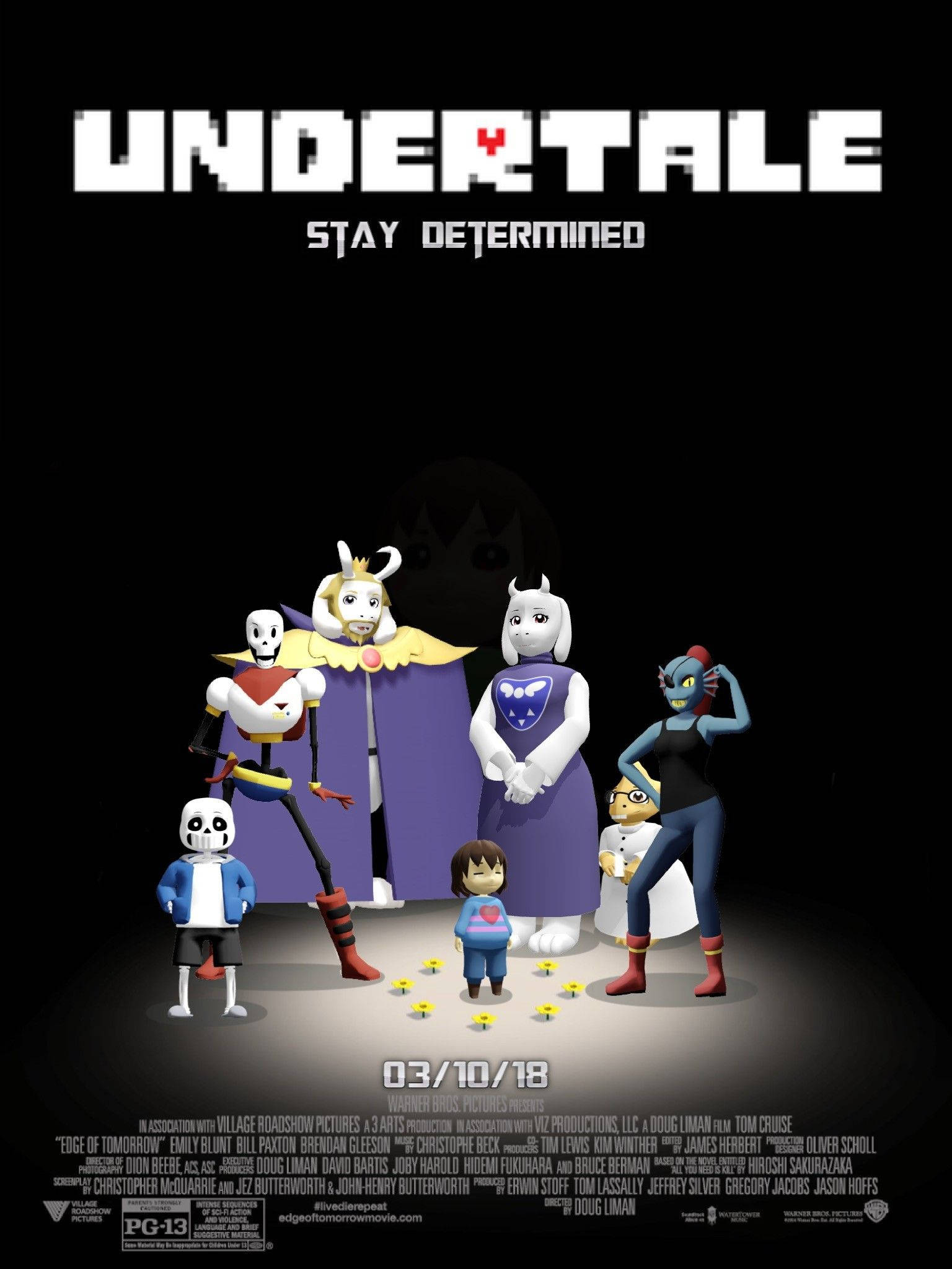 Undertale 桌布 壁紙 — 一群風格化的動畫角色站在聚光燈下，背景為黑色，標題為 Undertale，標語為 Stay Determined。