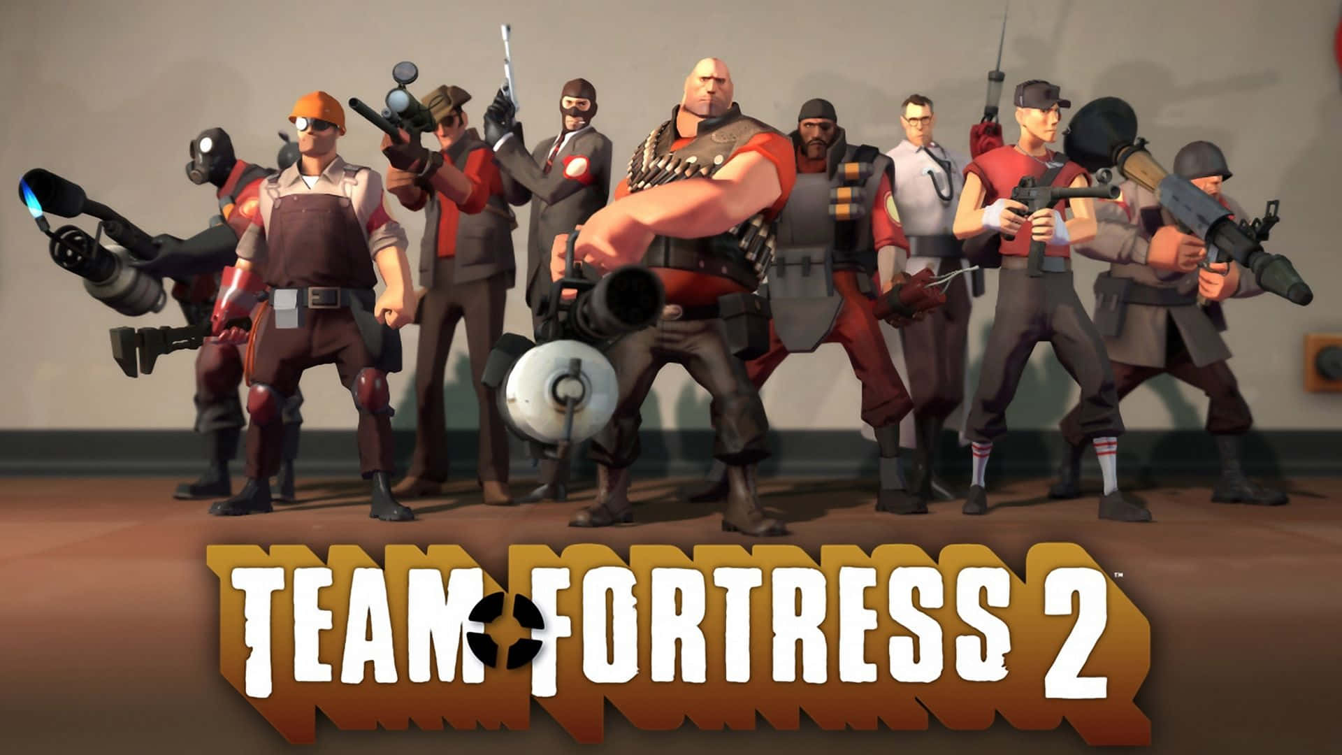 1920x1080 Tf2 桌布 壁紙 — 一群風格化的卡通士兵身穿紅色和灰色裝備，在純色背景前手持獨特武器擺姿勢。
