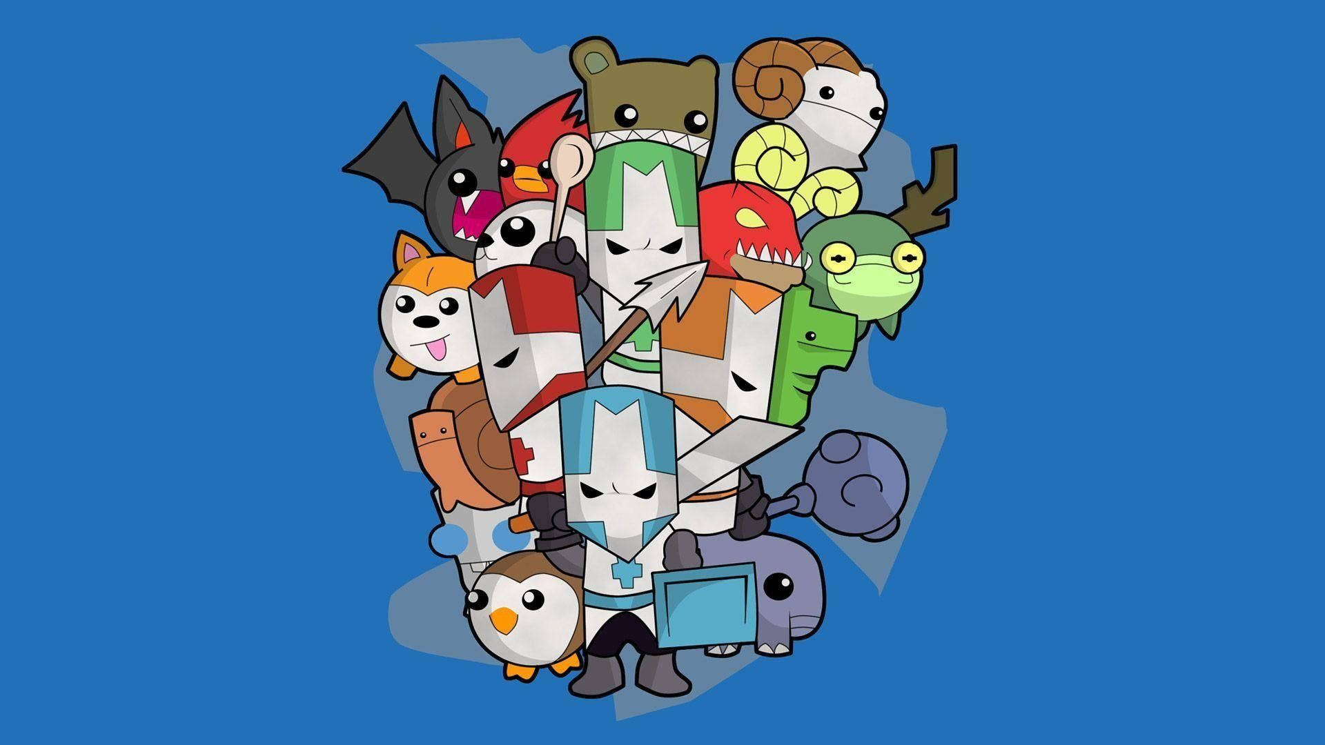 Castle Crashers 桌布 壁紙 — 一群風格化的卡通角色，具有動物特徵和盔甲，站在純藍色背景前。