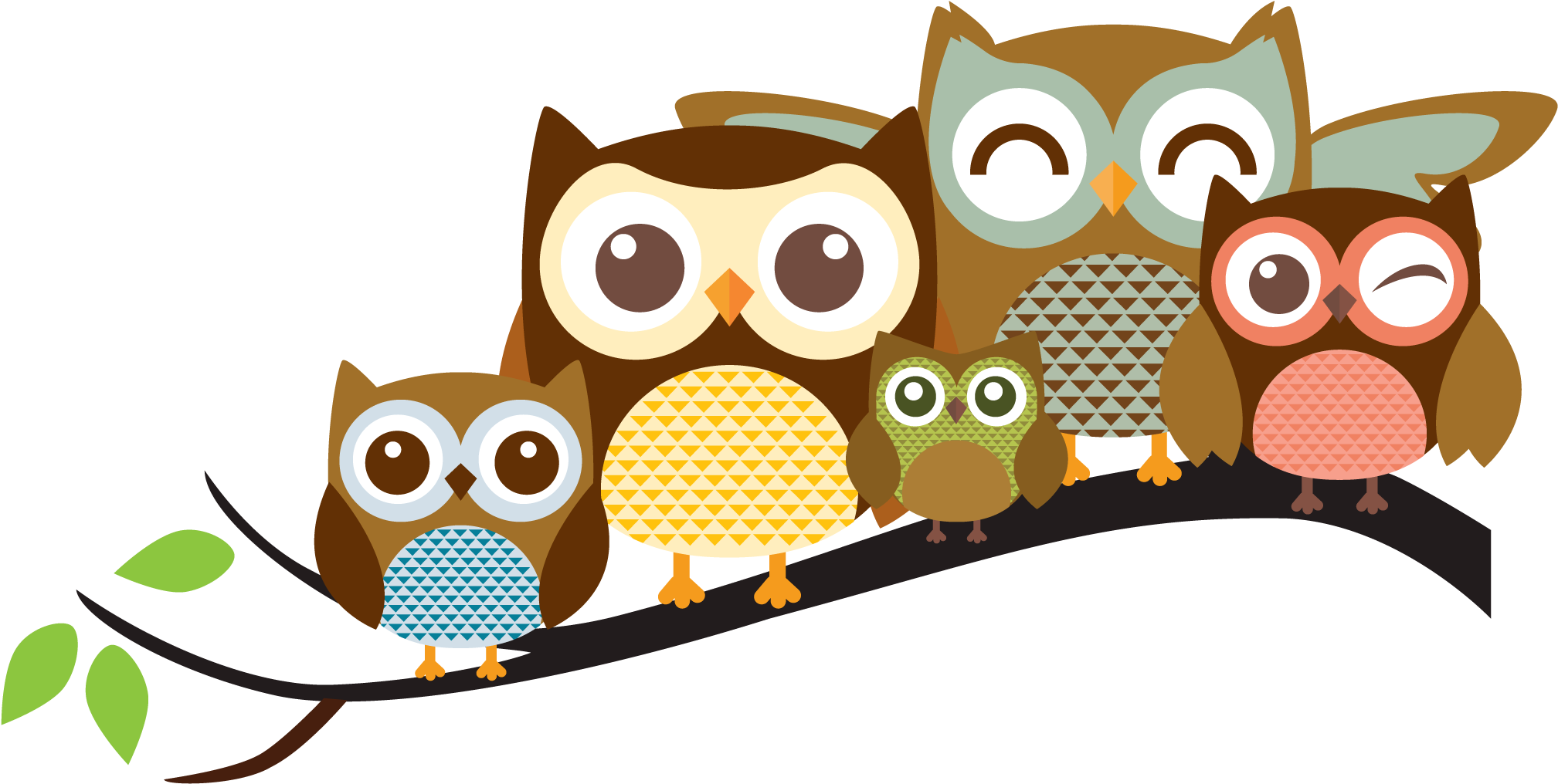 Owl Free 桌布 壁紙 — 一群風格化的卡通貓頭鷹，胸前有圖案，棲息在黑色背景的樹枝上，表情歡快。