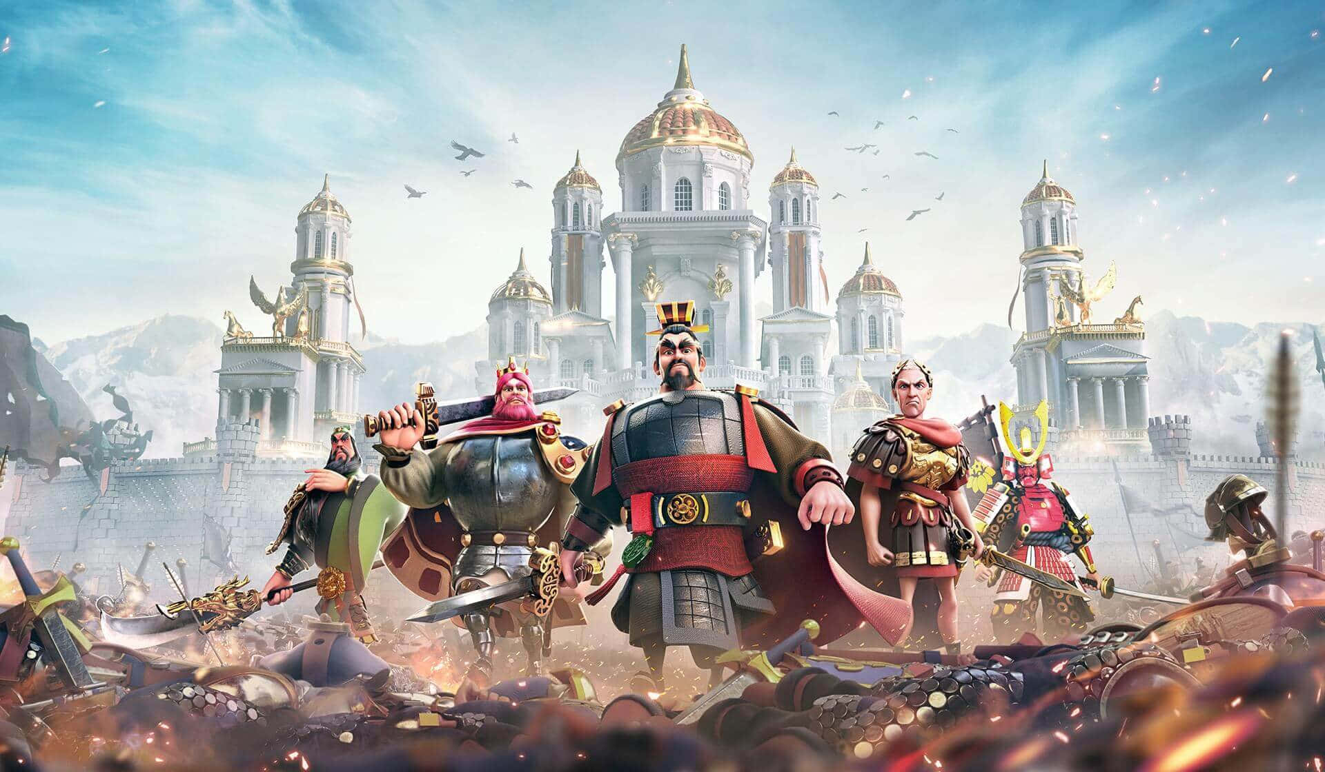 Kingdom 桌布 壁紙 — 一群風格化的戰士領袖勝利地站在一座擁有金色圓頂和飛鳥的宏偉城堡前，背景是明亮的天空。