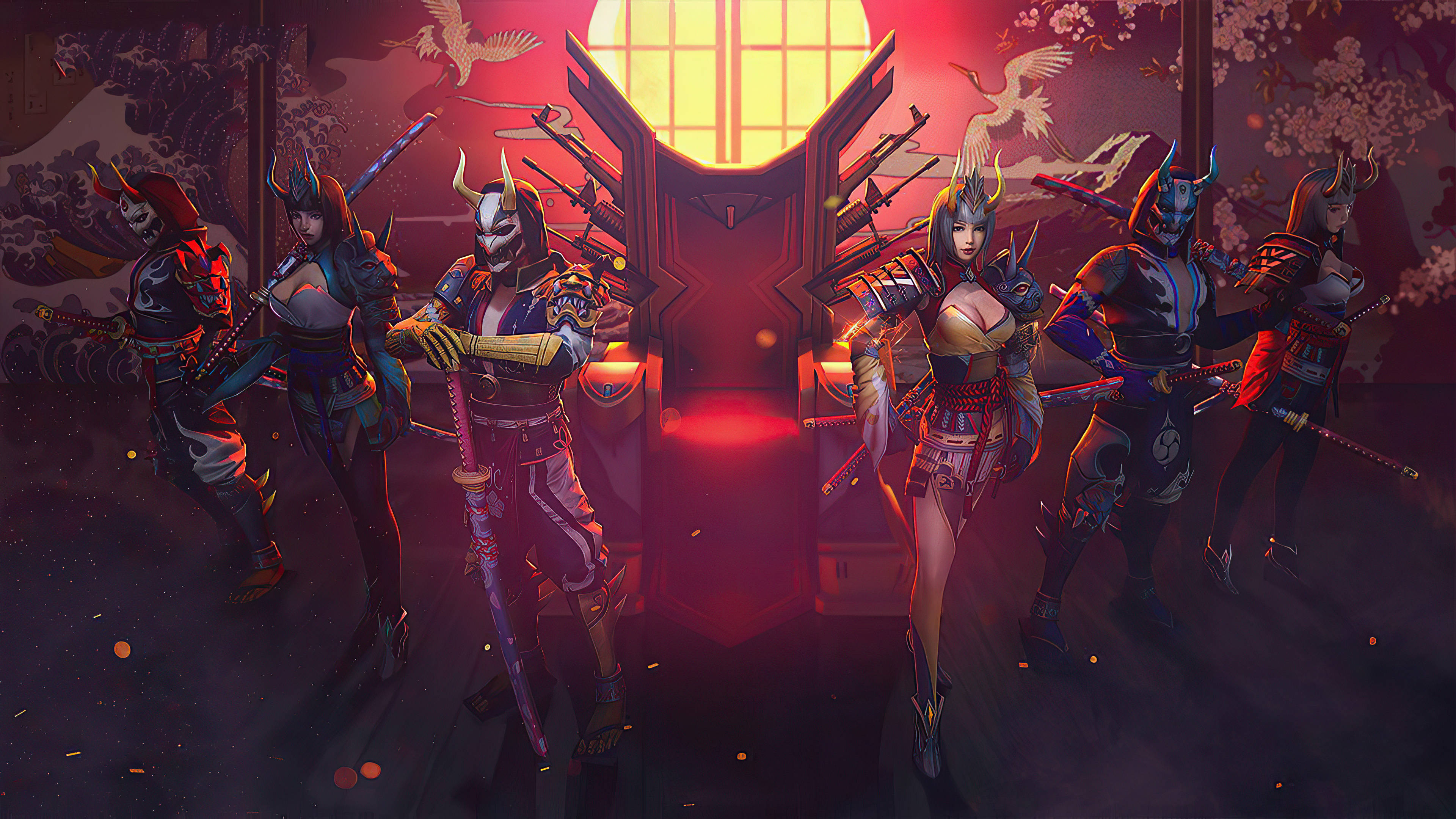 free fire 2021 桌布 壁紙 — 一群風格化的武士戰士穿著華麗盔甲，站在發光的紅日之前，背景有櫻花和鶴。