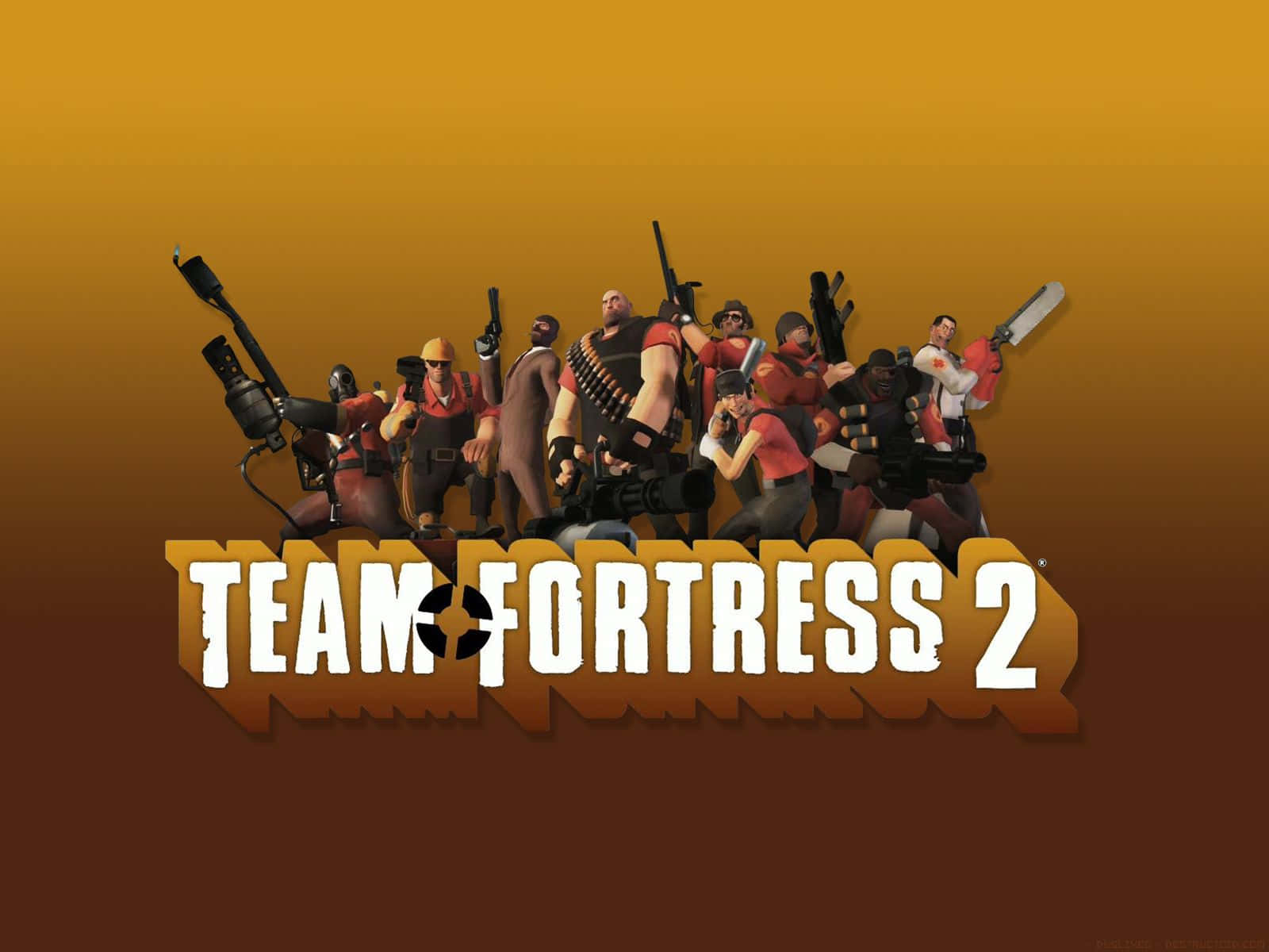 Team Fortress 2 Characters 桌布 壁紙 — 一群風格化的電子遊戲角色手持武器，在橙色漸變背景前，於 Team Fortress 2 標誌後方擺出姿勢。
