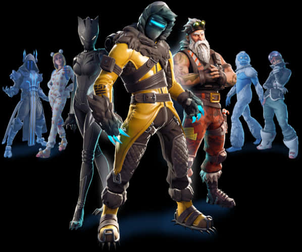 Fortnite Default Skin 桌布 壁紙 — 一群風格化的電子遊戲角色穿著鮮豔服裝，站在帶有發光藍色點綴的深色背景前。