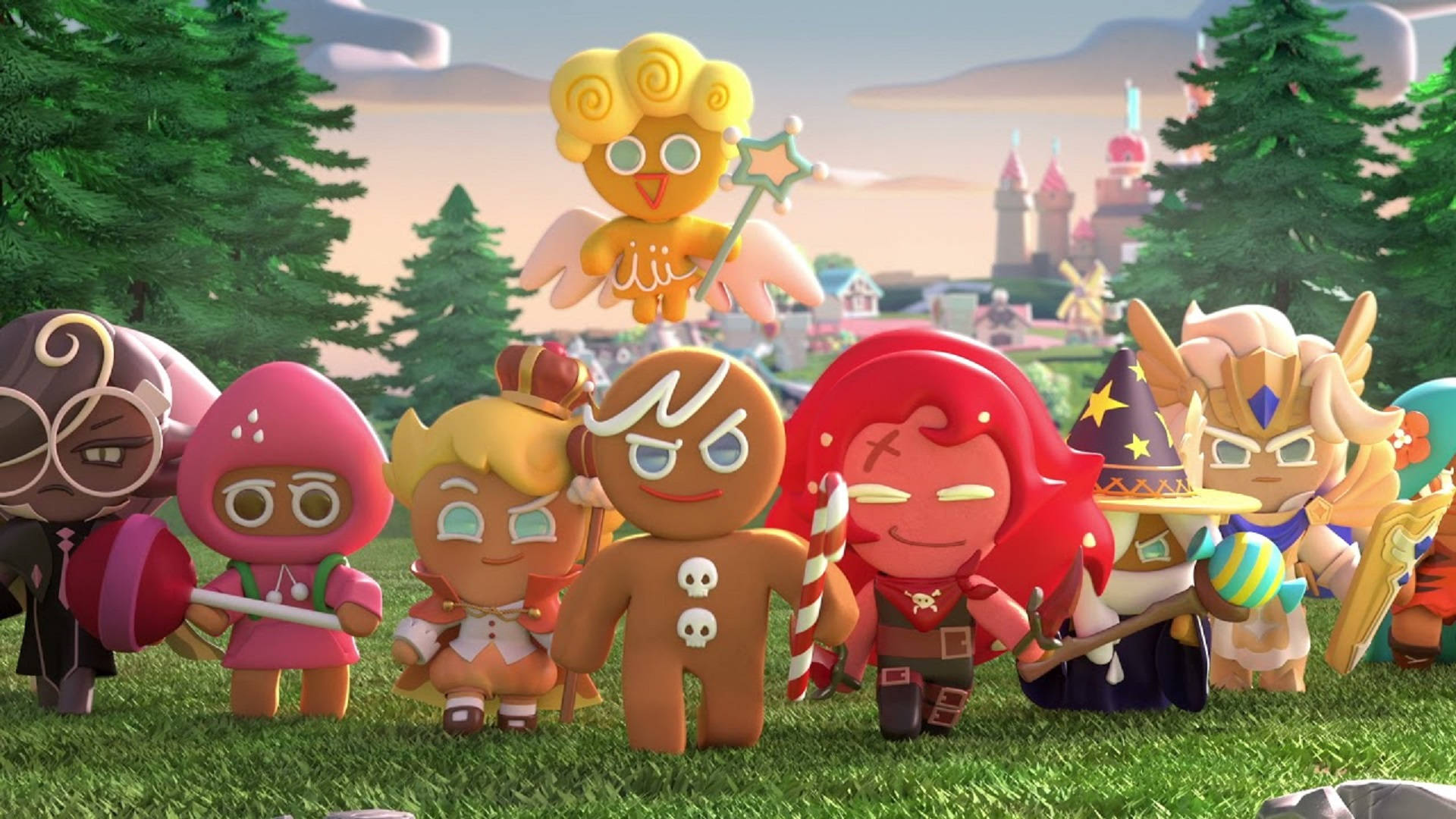 Cookie Run 桌布 壁紙 — 一群風格化的餅乾角色，穿著獨特的服裝和表情，在奇幻的草地上一起站立。