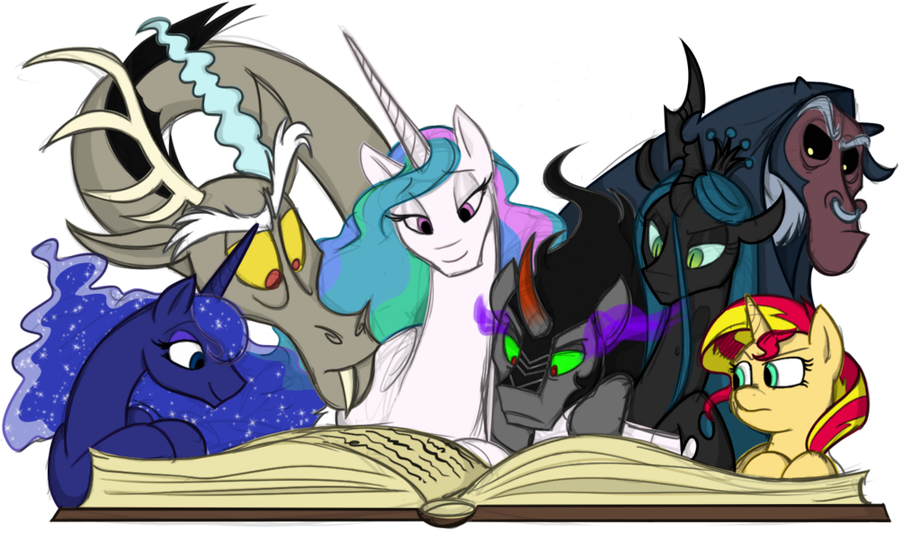 Discord 桌布 壁紙 — 一群風格化的馬仔角色，帶有黑暗和色彩繽紛的設計，聚集在一本打開的書周圍，背景為黑色。