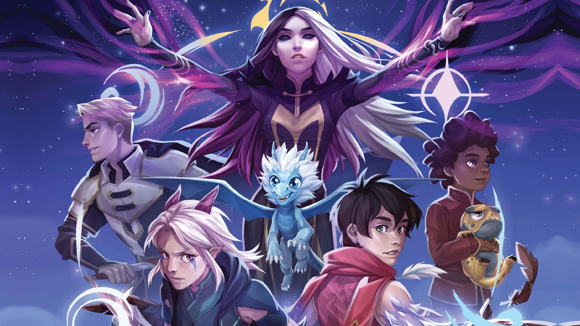 The Dragon Prince 桌布 壁紙 — 一群風格多樣的動漫英雄，帶著魔法能量和生物，在星光燦爛的宇宙背景下展現動感。
