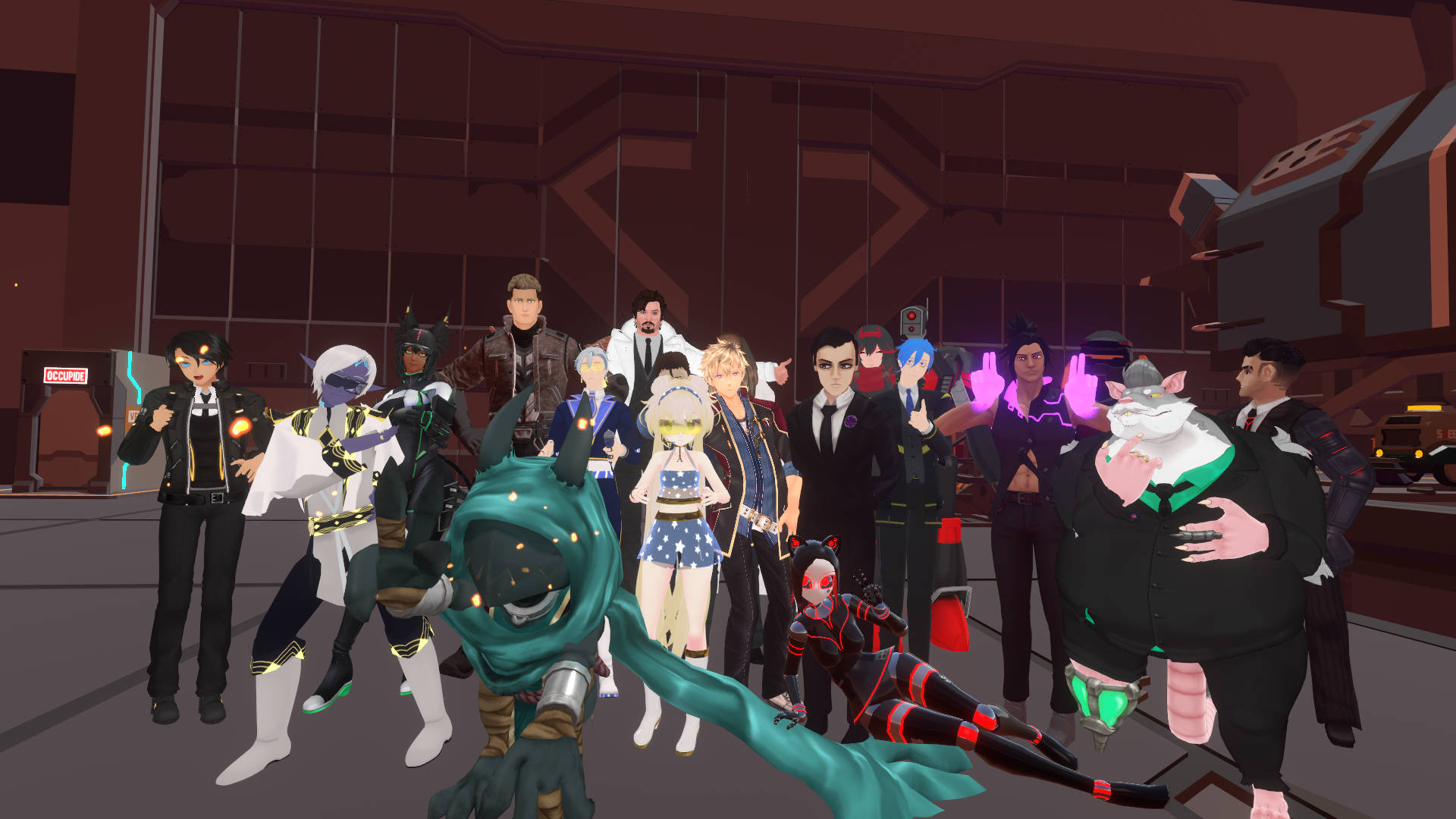 vrchat 桌布 壁紙 — 一群風格多樣的動漫角色穿著未來主義套裝，在燈光昏暗的科幻機庫中自信地擺姿勢。
