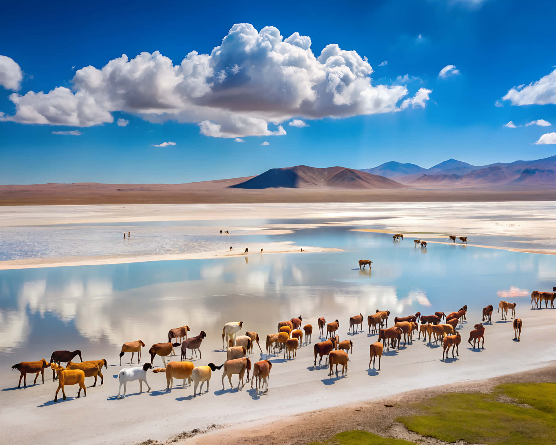Panorama of a lake 壁紙 — 一群馬匹在陽光照耀的鹽灘上吃草，反射出廣闊的藍天、蓬鬆的白雲和遠山。