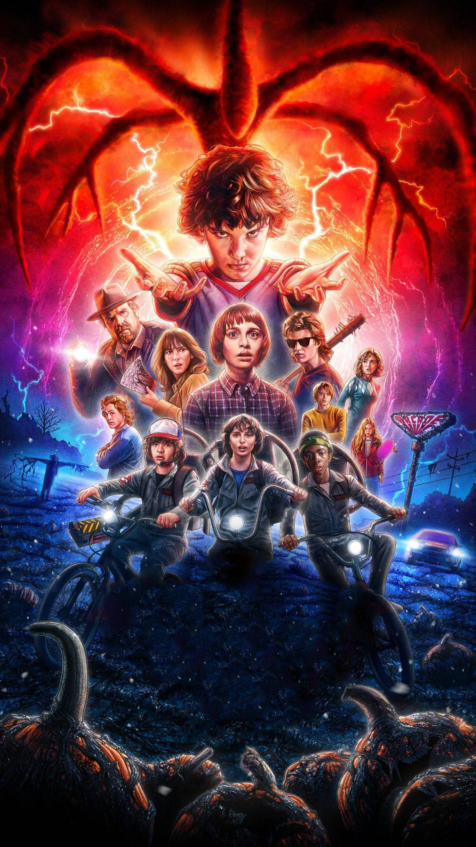 Netflix 桌布 壁紙 — 一群騎腳踏車的小孩在雷電交加的暴風雨天空下，面對一隻發光的巨型蜘蛛怪物。