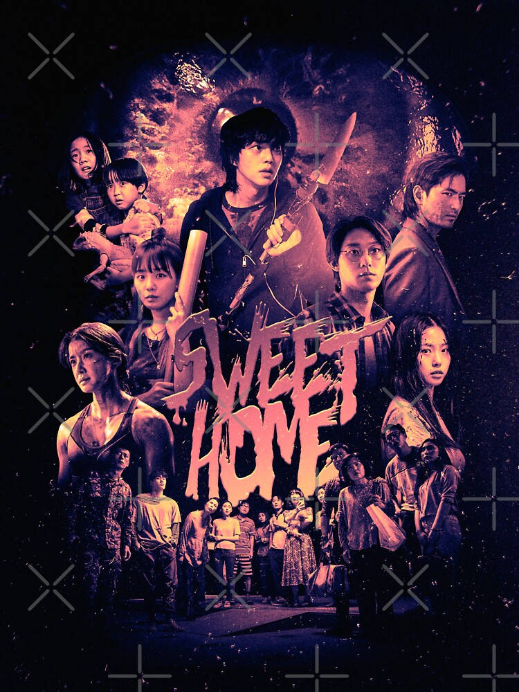 Sweet Home Netflix 桌布 壁紙 — 一群驚恐的人被怪物包圍在黑暗、熾熱的恐怖主題海報中。