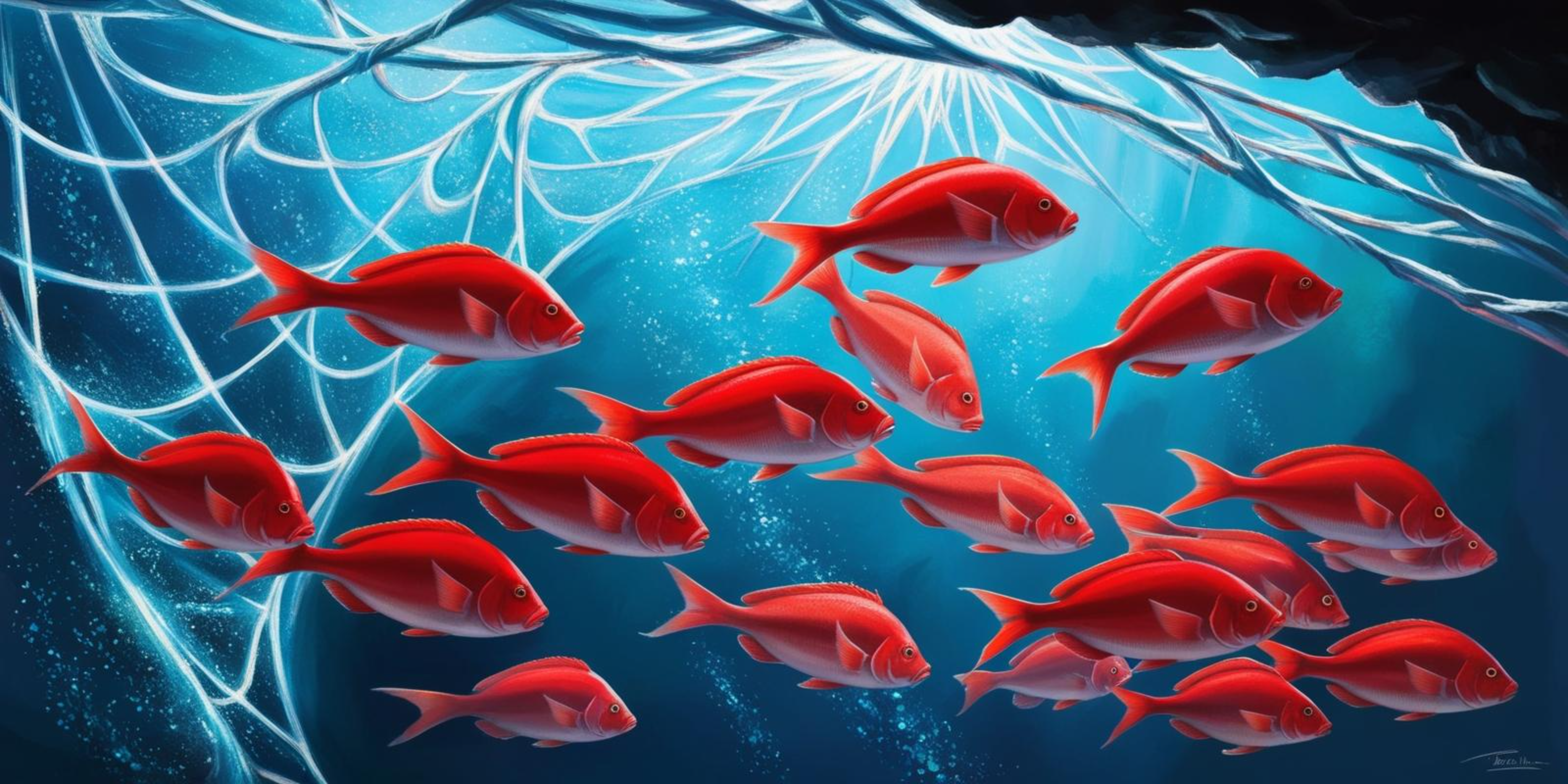 水下動畫 桌布 壁紙 — 一群鮮紅色的魚在發光的白色珊瑚枝下，優雅地游過深藍色的海水。