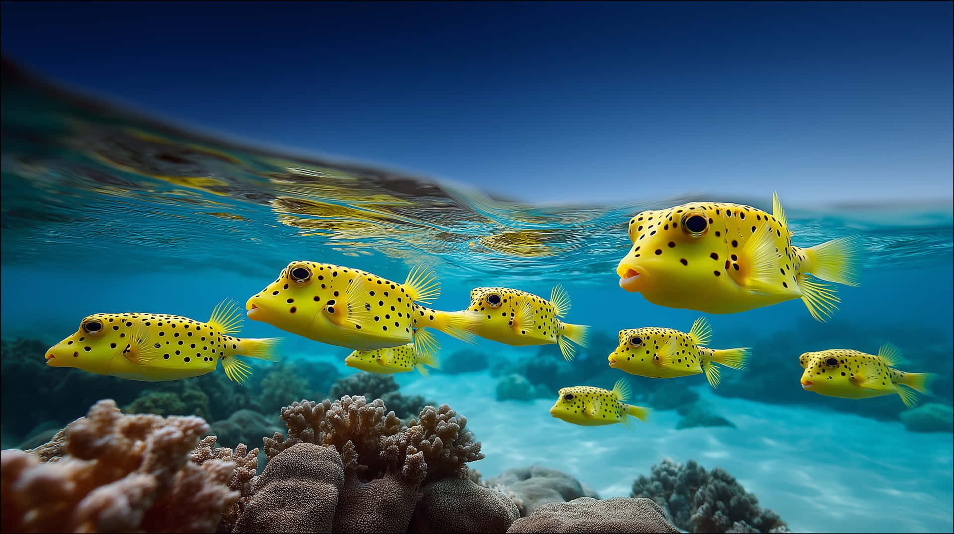 School of Spotted Pufferfish in an Underwater Coral Scene 壁紙 — 一群鮮黃色斑點箱魨在清澈的藍色海面下優雅地游過珊瑚礁。