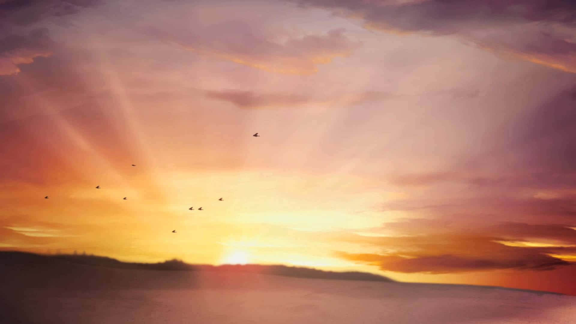 Sky Clouds 桌布 壁紙 — 一群鳥兒飛過充滿活力的日落天空，燦爛的陽光穿透柔和的紫色和橙色雲層。